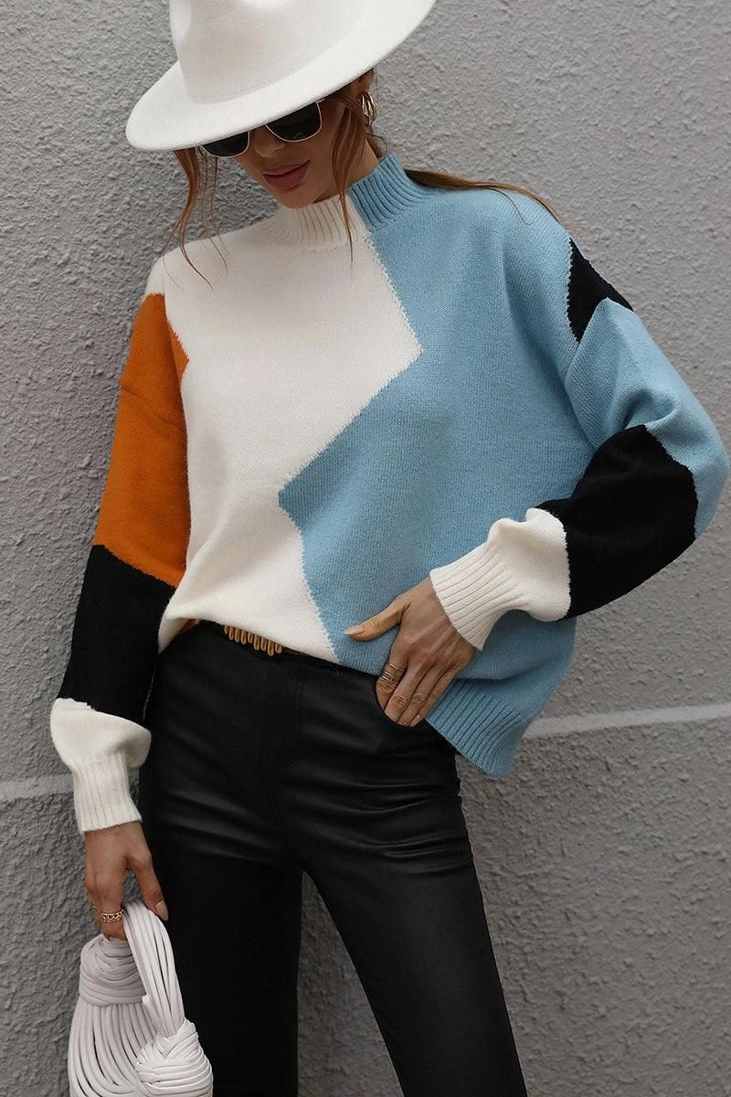 TURTLE NECK COLOR BLOCK CASUAL SWEATER TOP WeightedHem Ribbed Trims