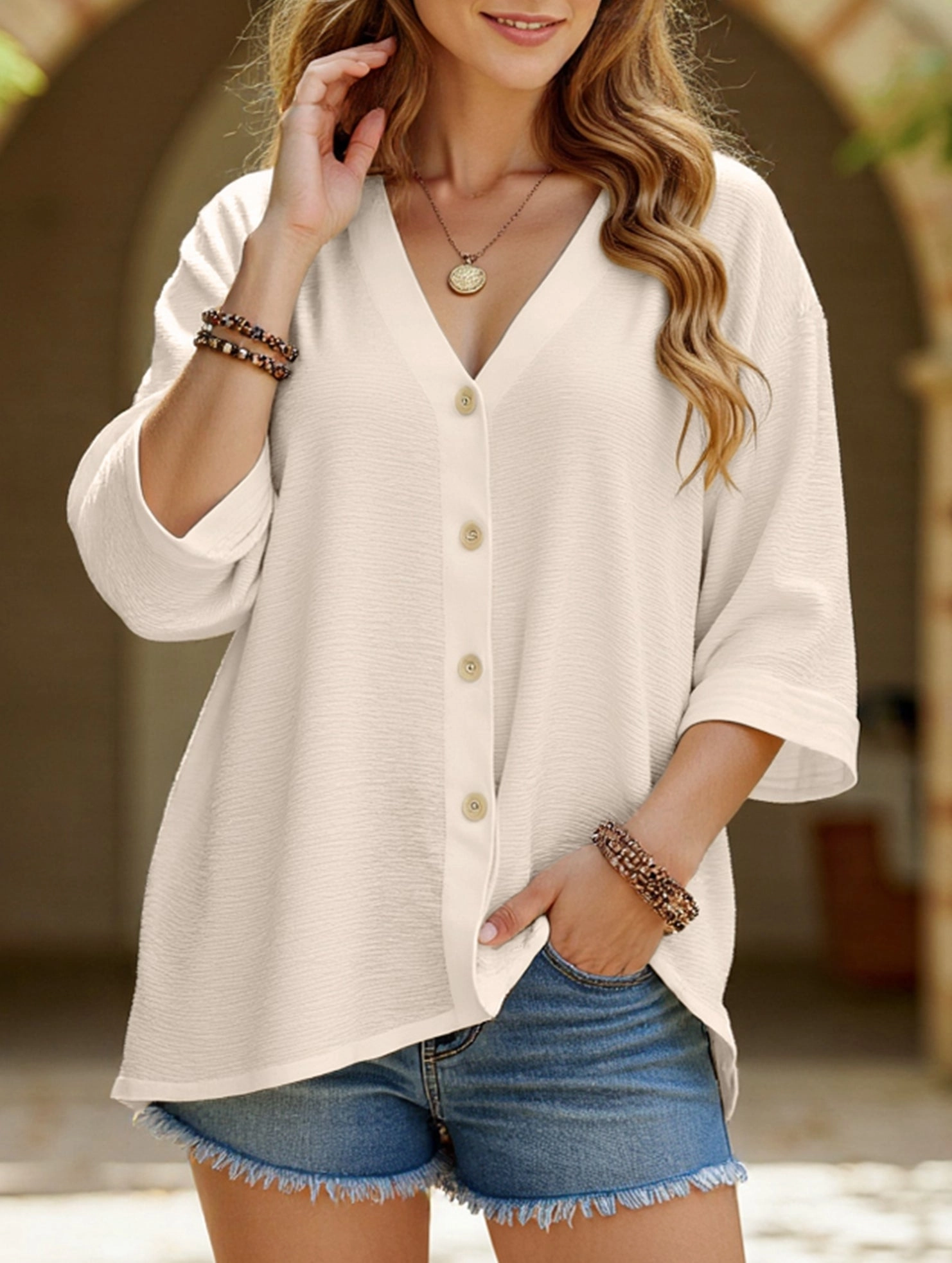 Yarn Dyed Stripes LayeredPanel V-Neck Button T-Shirt Cardigan Top