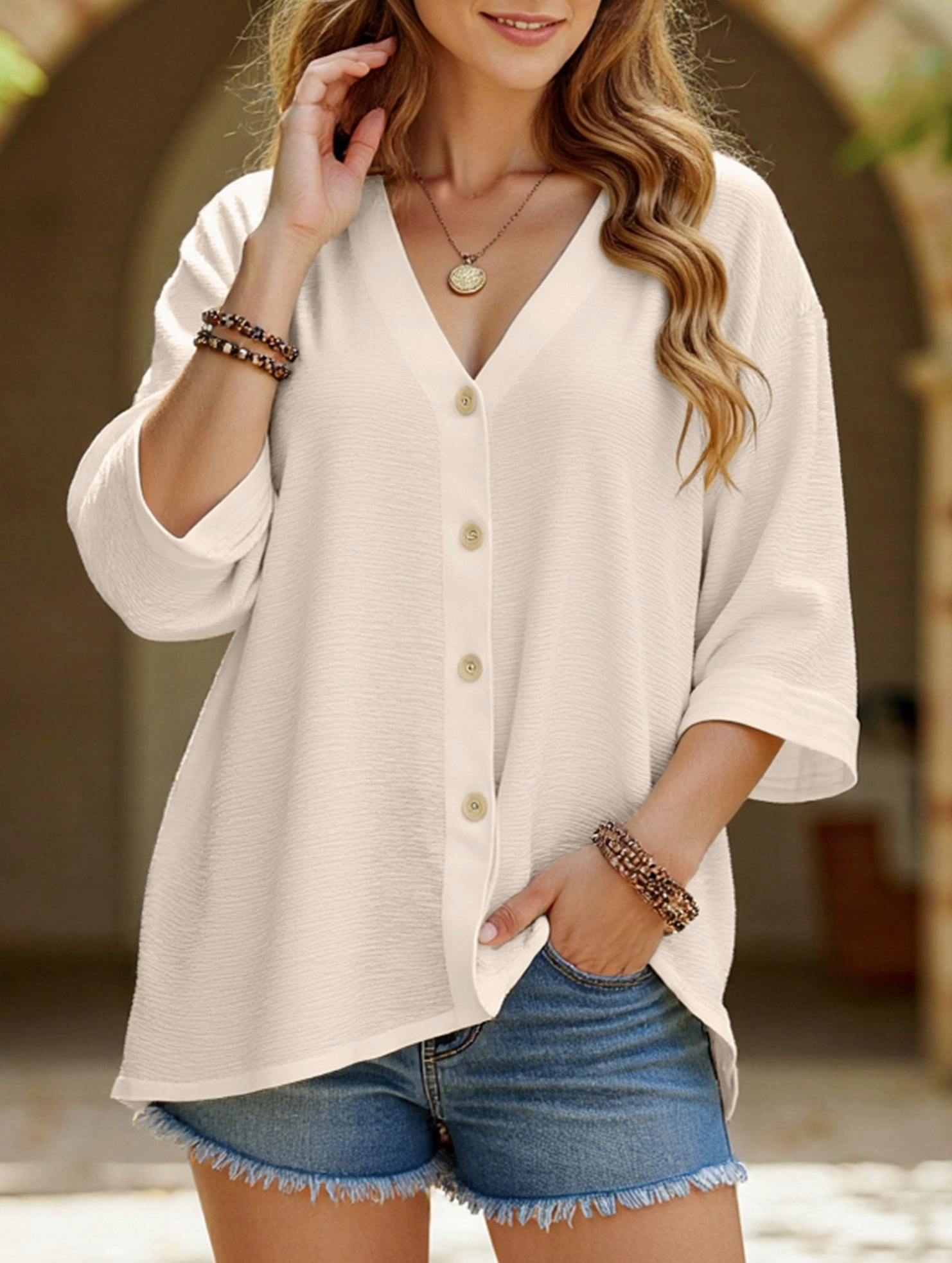Everyday Wear Self Fabric Tie Closure V-Neck Button T-Shirt Cardigan Top