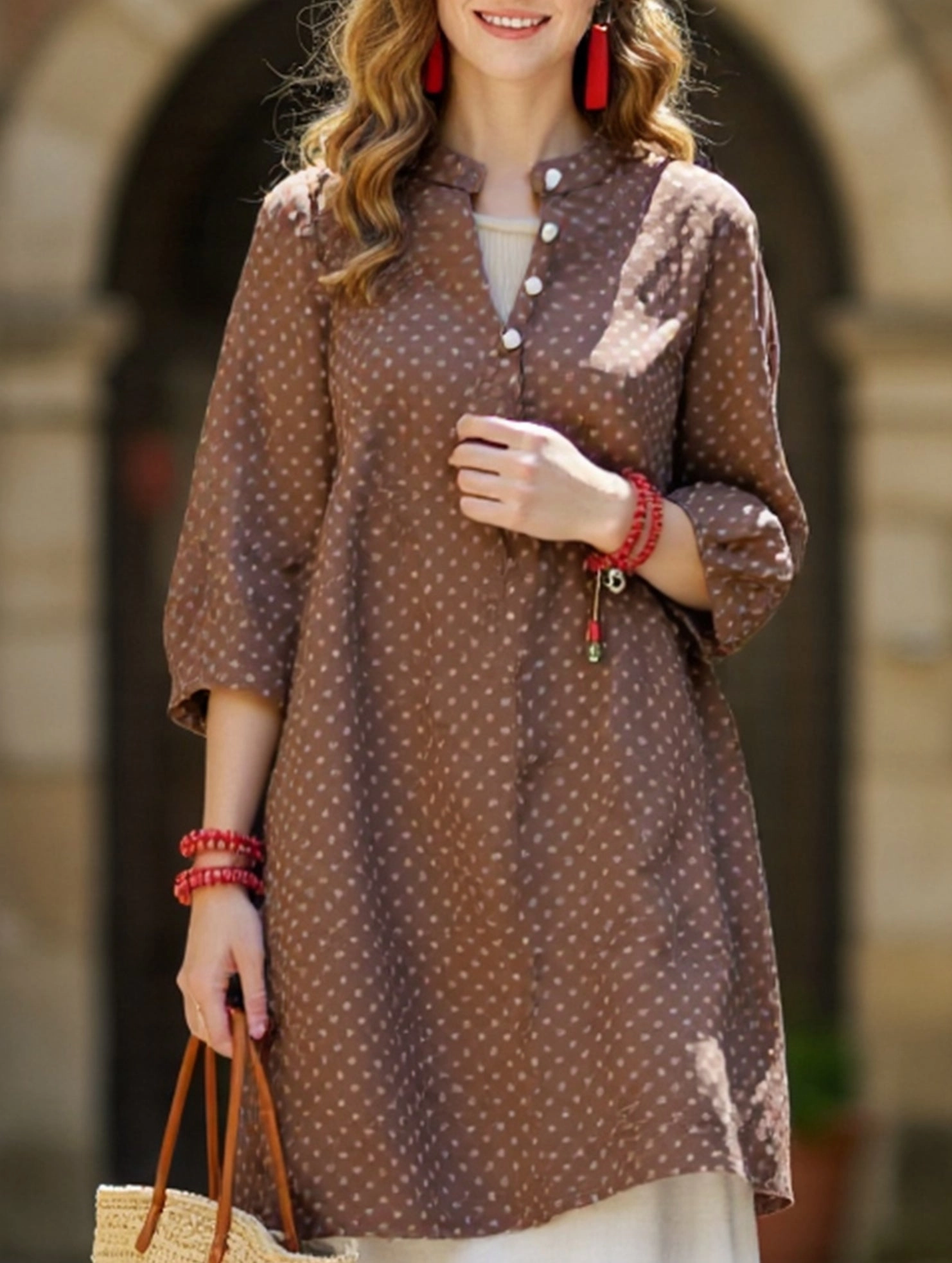 Fashionable Look Retro Polka Dot Casual Loose Midi Shirt