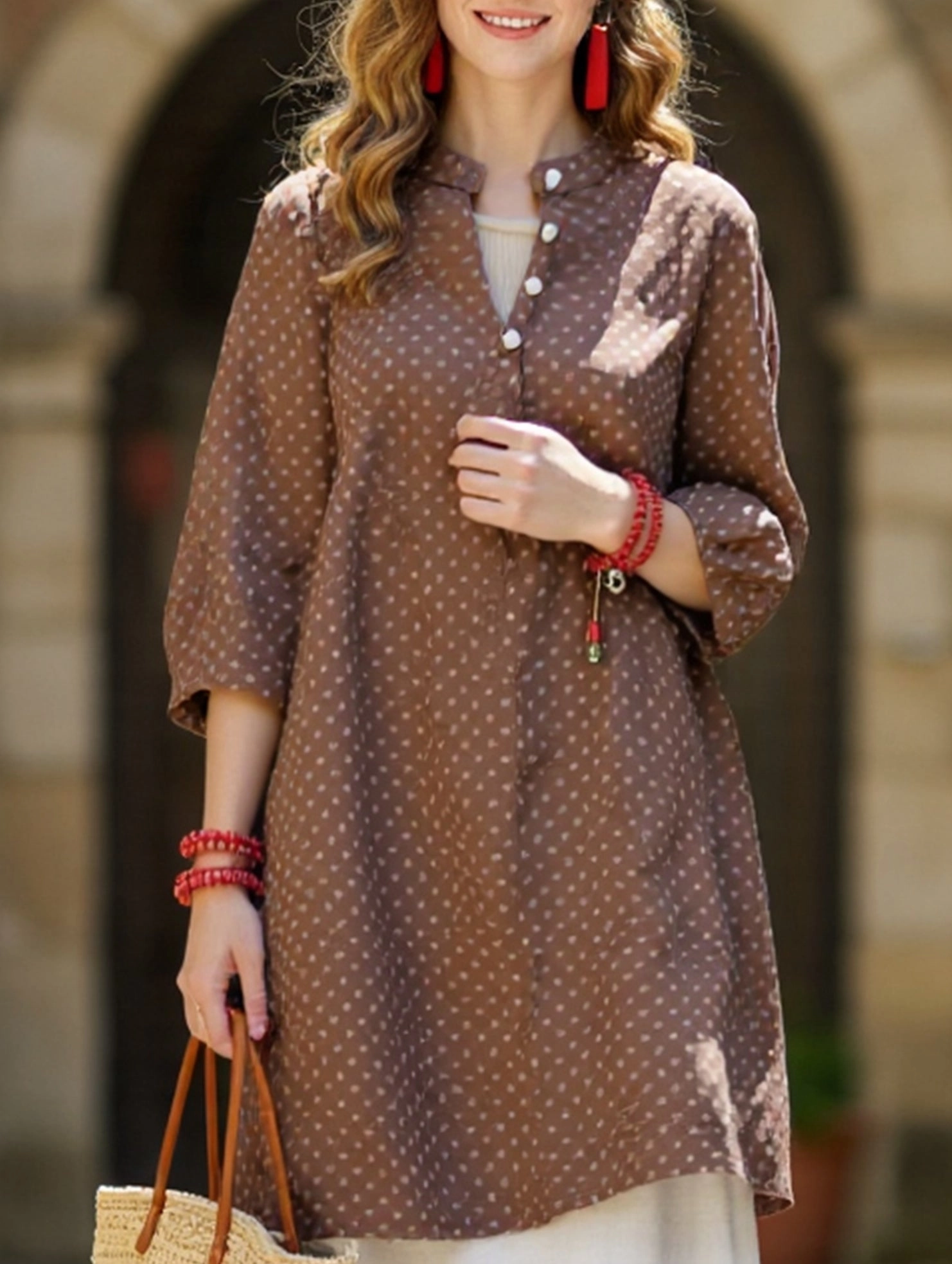 Retro Polka Dot Casual Loose Midi Shirt Tear Resistant Versatile Layering Cut