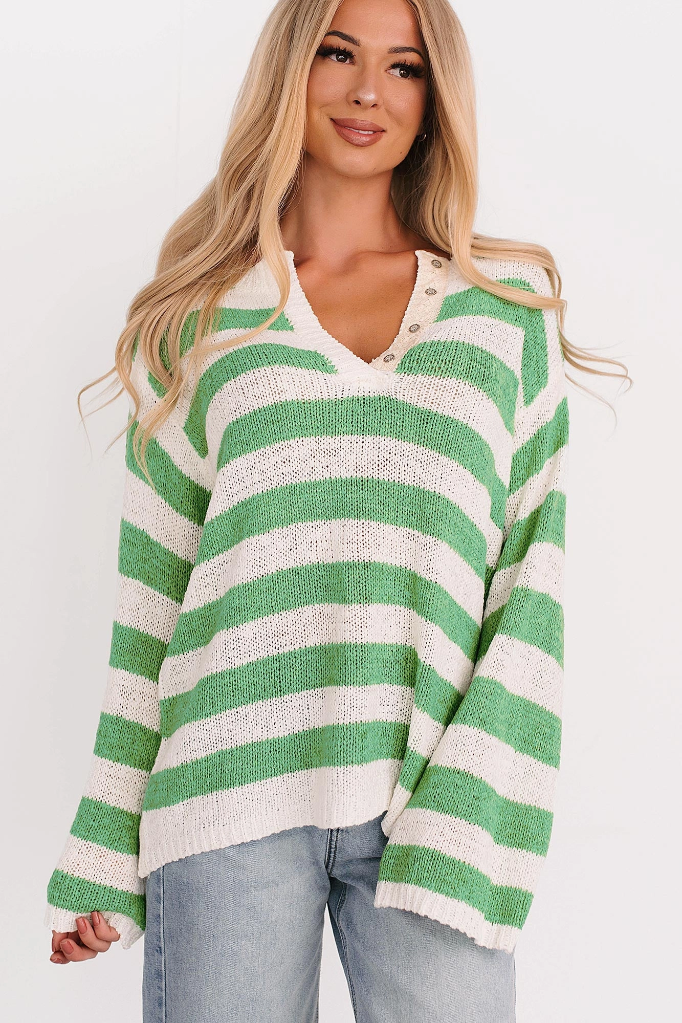 Travel Ready All Dressed Down Striped Knit POL Sweater (Green/Multi)