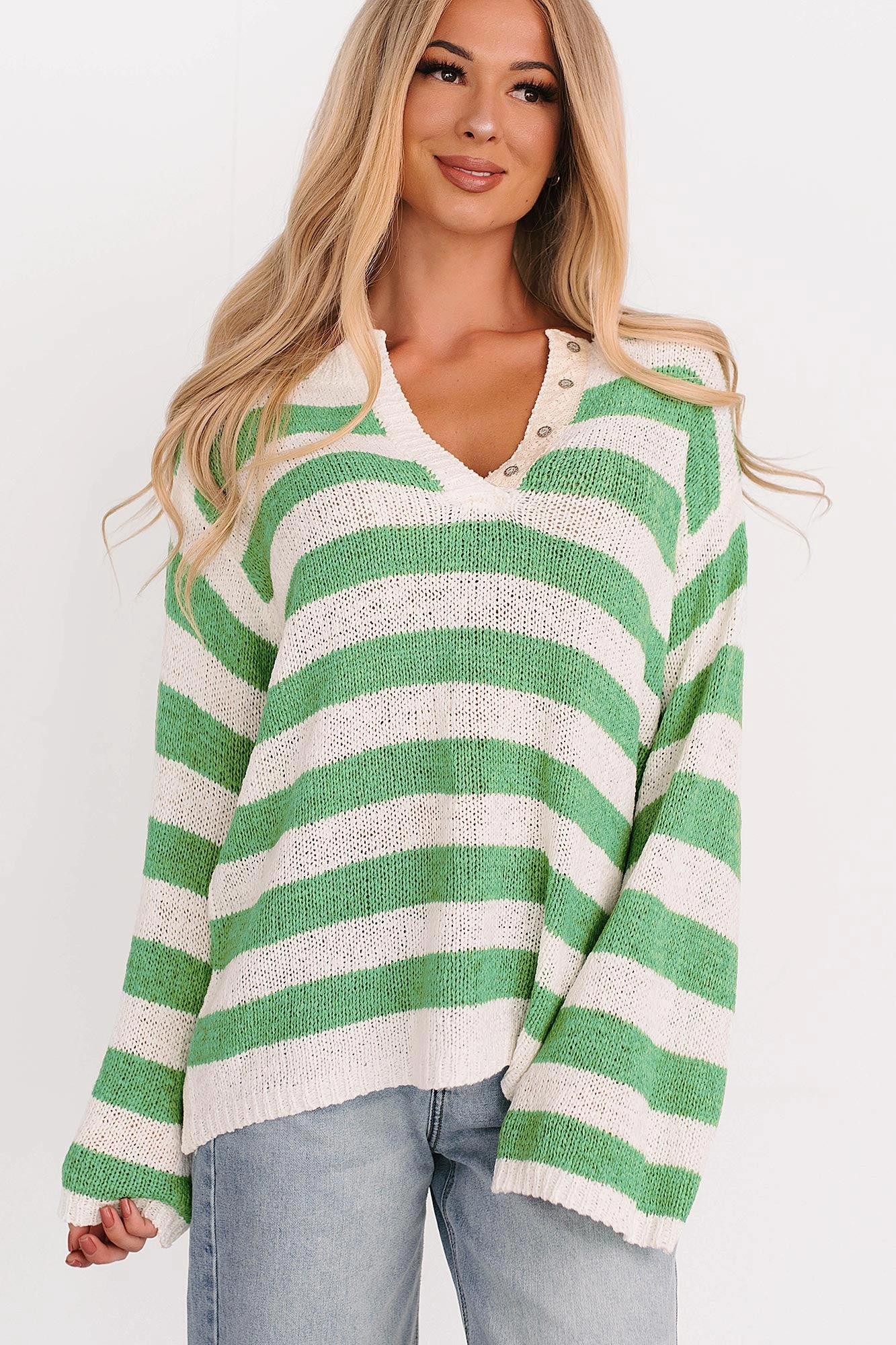 All Dressed Down Striped Knit POL Sweater (Green/Multi) Cozy Balance Modern Silhouette