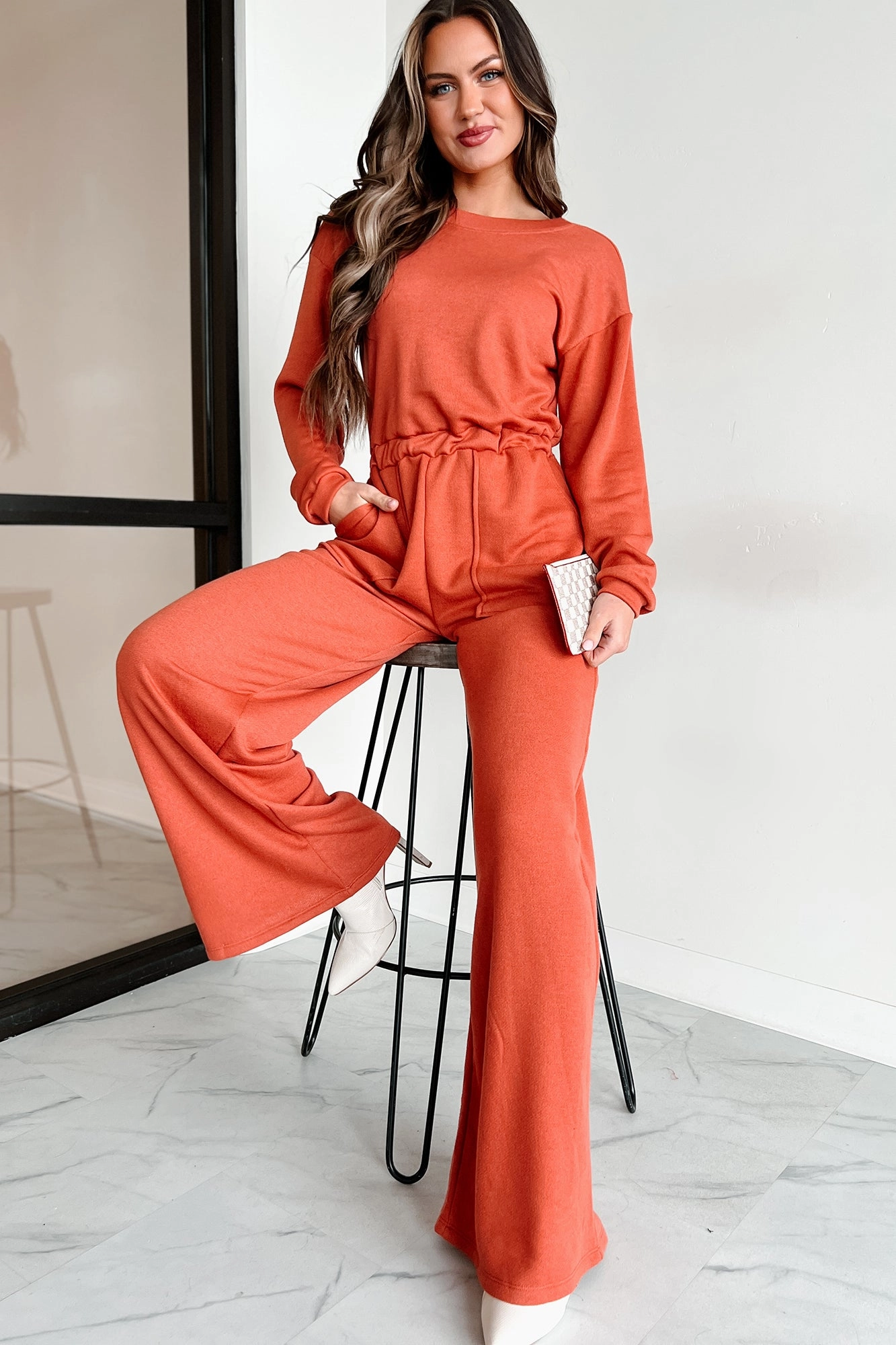 Understated Glam Summer Friendly Plausible Deniability Long Sleeve Wide Leg Jumpsuit (Rust)