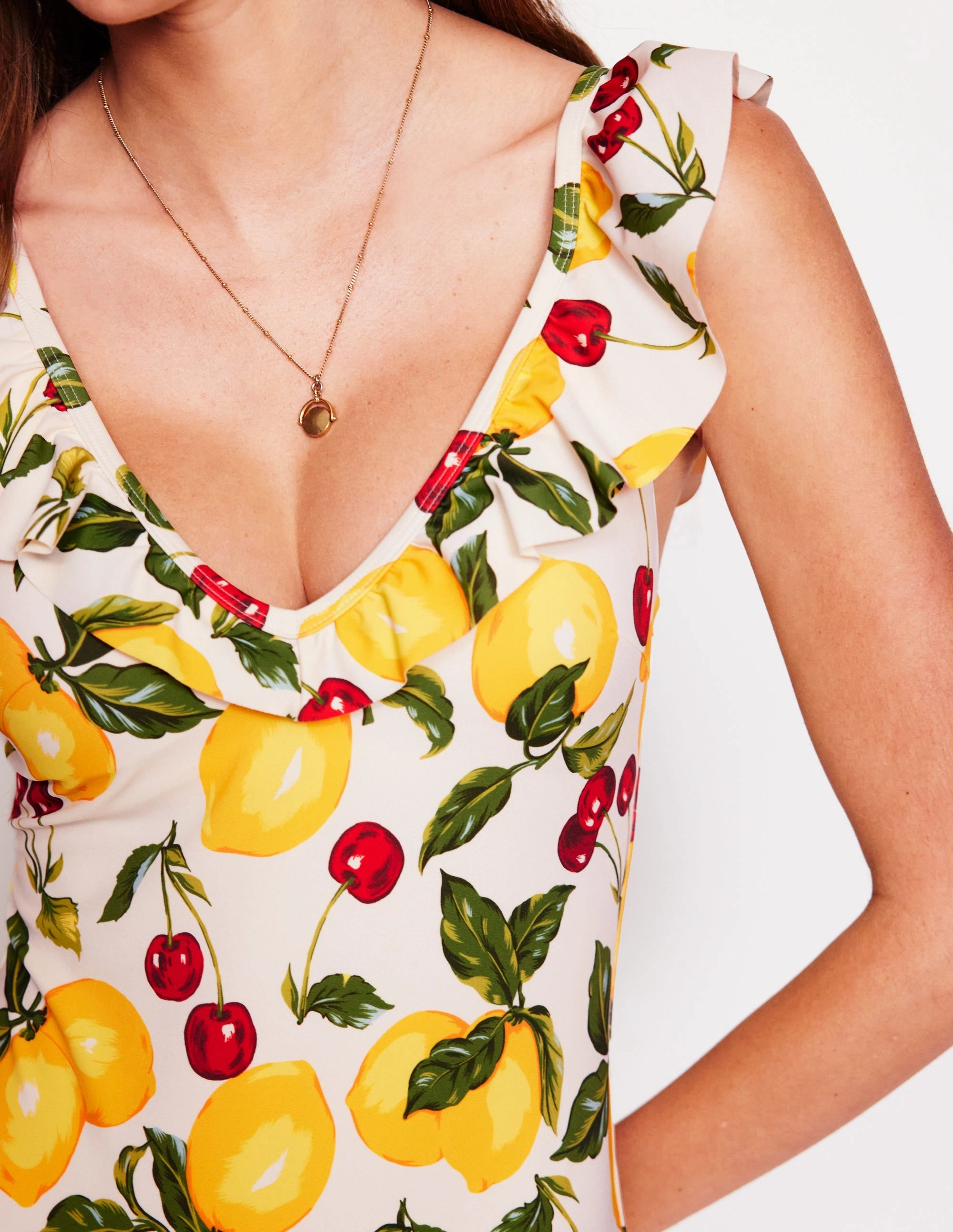 Anti Odor Technology Elastic Free Edges Evia Ruffle Swimsuit-Ivory, Cherries and Lemons