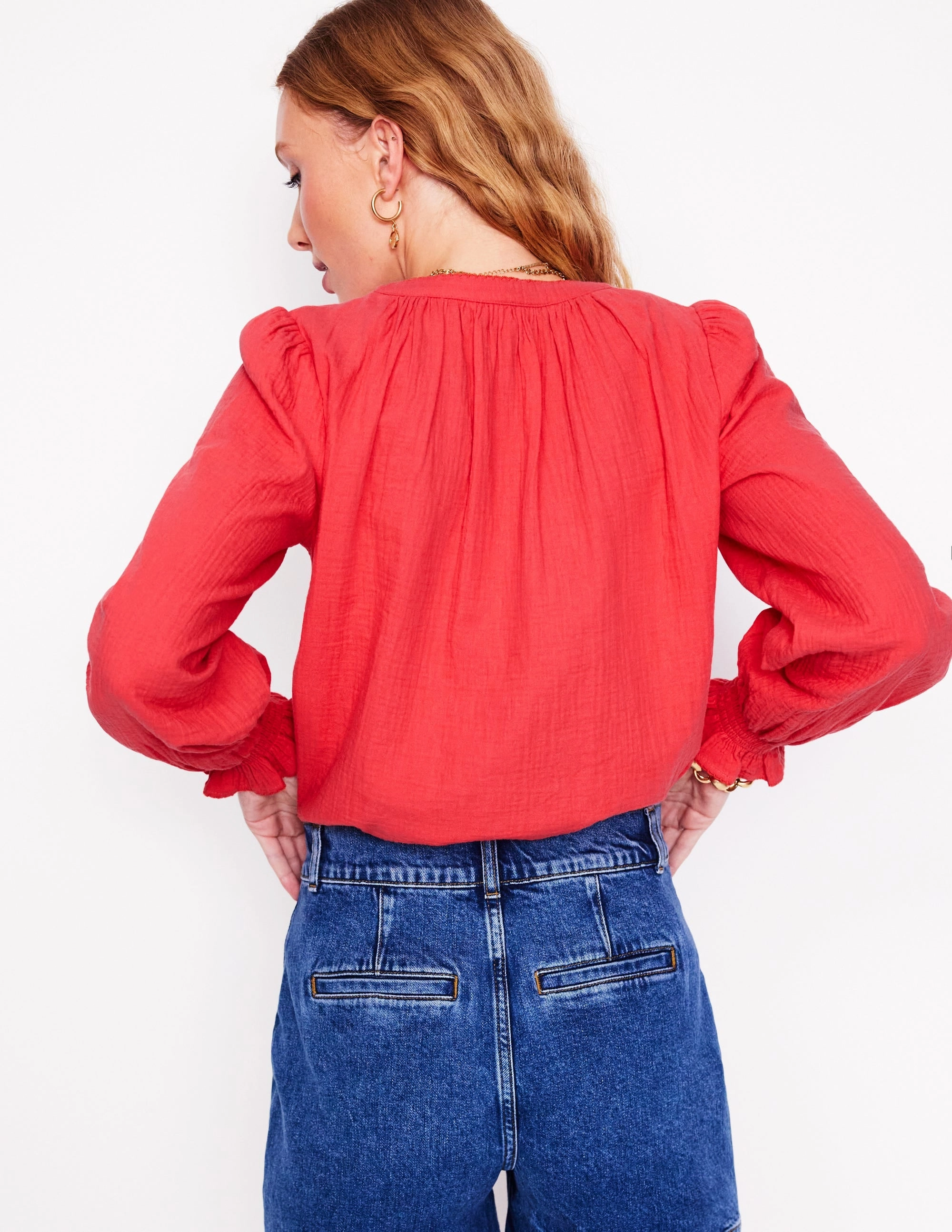 Ultraviolet Protection Finish Classic Crew Neck Evie Double Cloth Top-Jam Red