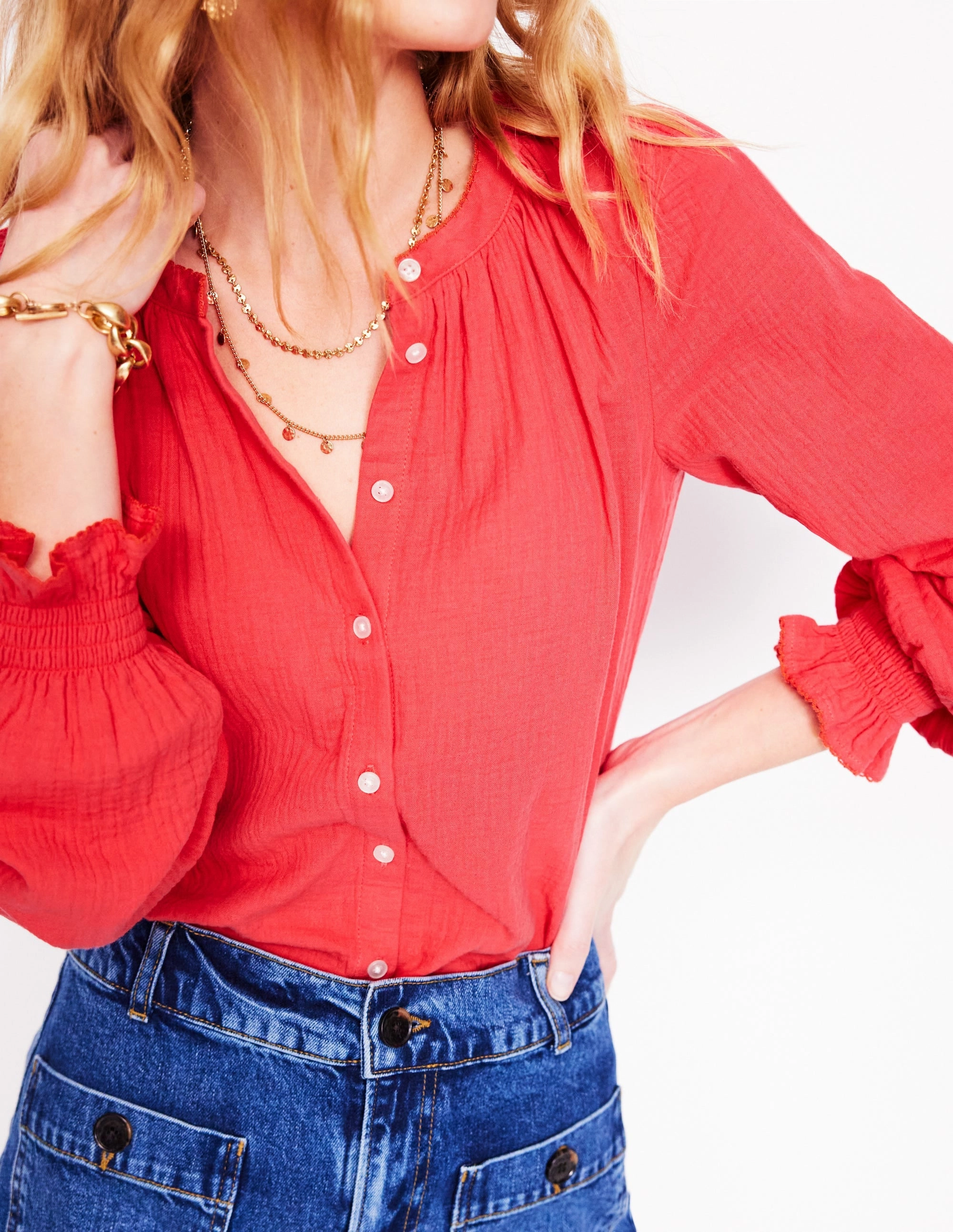 Evie Double Cloth Top-Jam Red PuckerFree Surface ZeroWastePattern