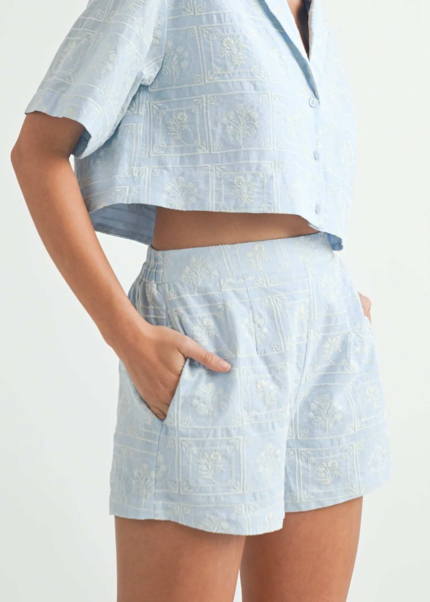 silk blend MIA EMBROIDERED BLUE SHORTS
