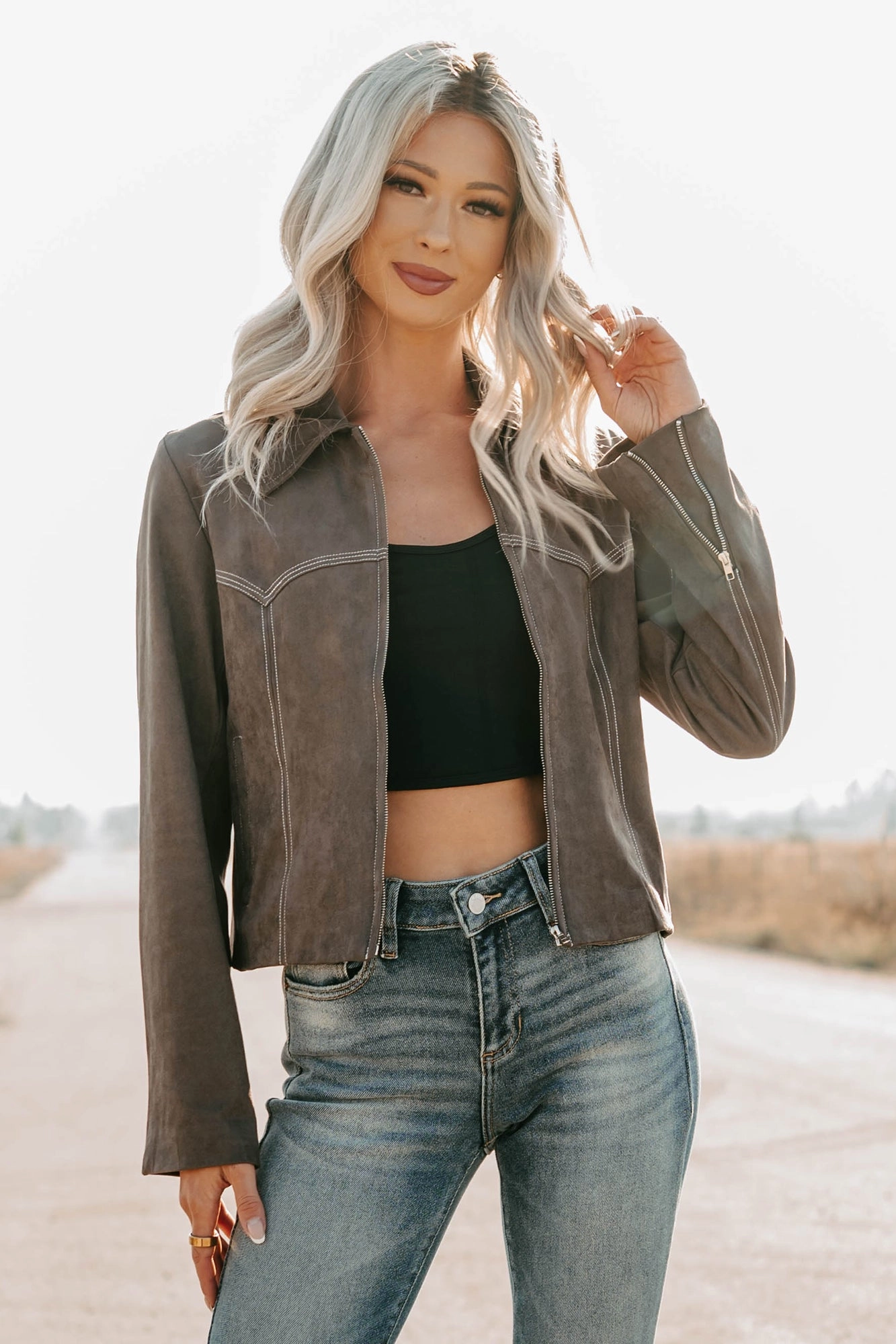 Exploring More Faux Suede Zip-Up Jacket (Charcoal) - Ships by 10/10 Structured Shoulder EasyCareMaterial