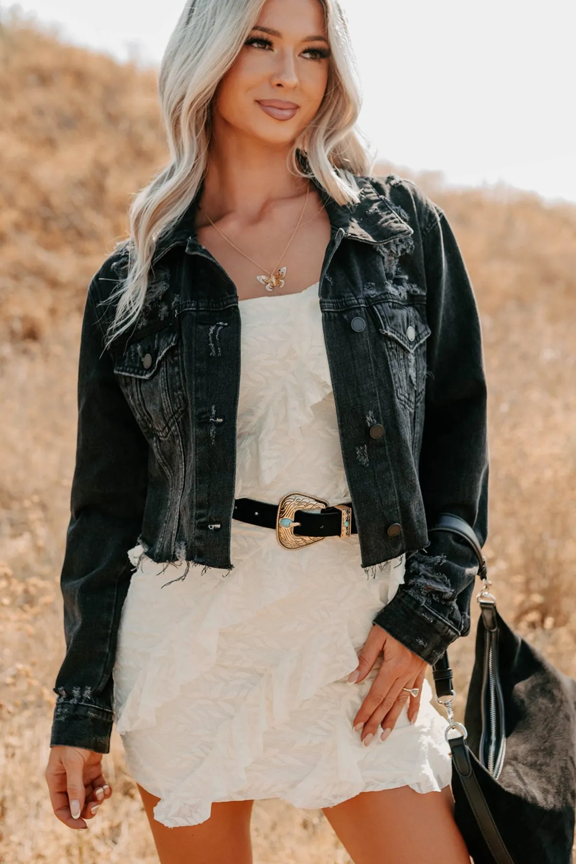 Fade Into You Distressed Denim Jacket (Washed Black) Hear