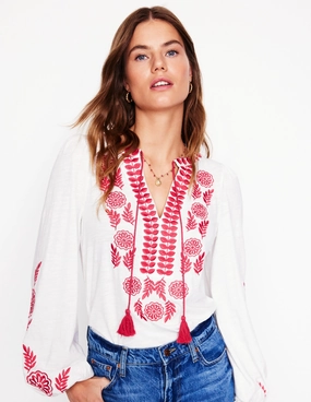 Nia Embroidered Top-White, Berry Red Knit Fabric Technology Buttery Soft Feel
