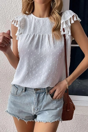 DOT LACE WRINKLED CHEST TASSEL CAP SLEEVE TEE CrossGrain Fabric AntiFade Treatment