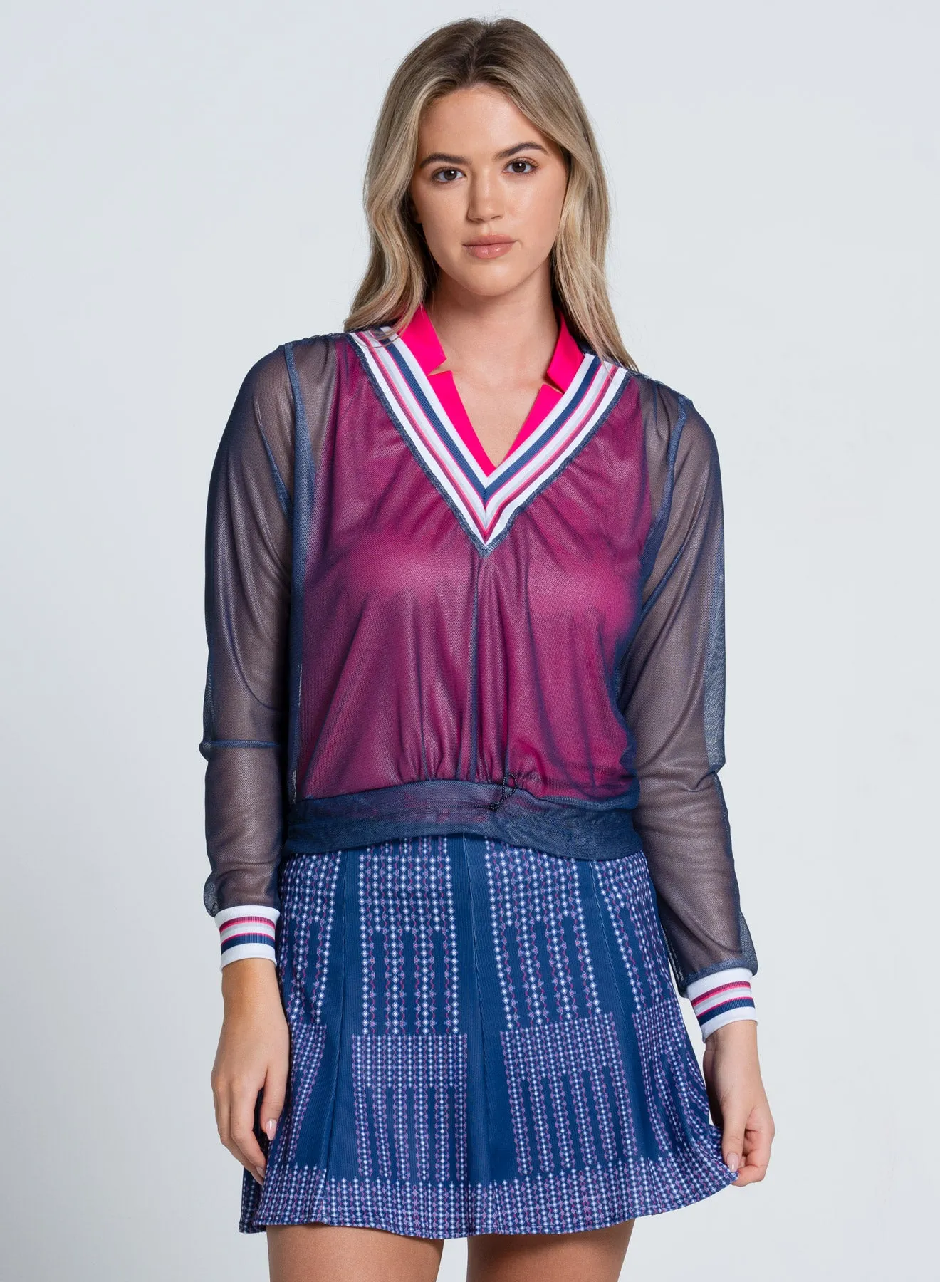 Berry Sweet V Pullover Long Sleeve Sandwich Mesh Panel Structure Zero Waste Production Label