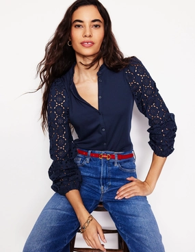 Eden Broderie Blouse-Navy Soft Touch Fabric