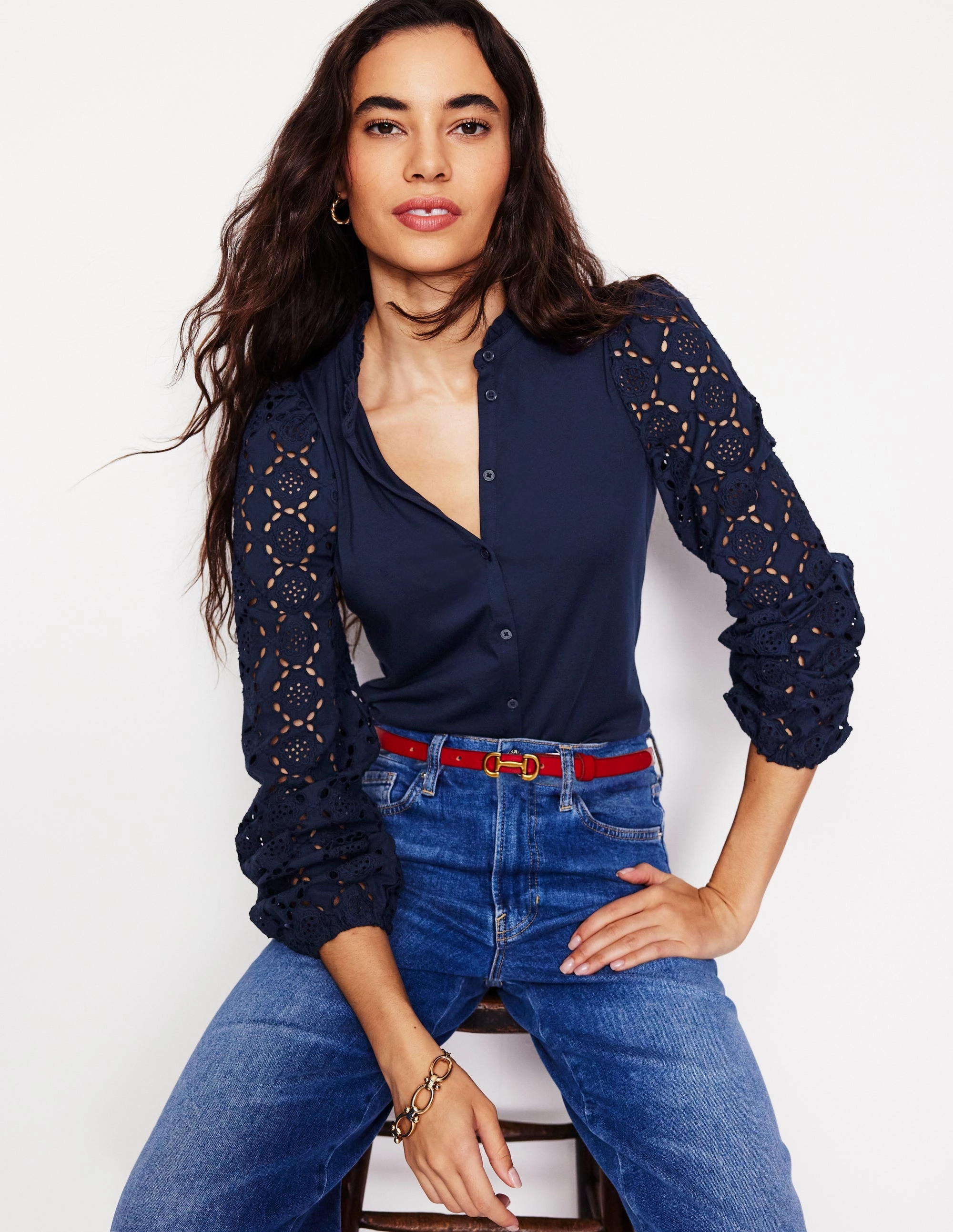 Eden Broderie Blouse-Navy Soft Touch Fabric