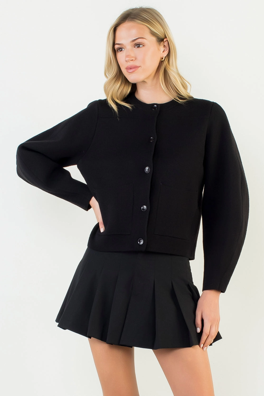 UV Protective Coating Flatlock Seam Design Long Sleeve Cropped Cardigan in Black