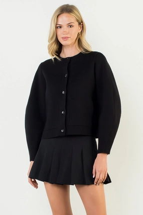 Long Sleeve Cropped Cardigan in Black Non Chafing Side Seams DoubleLayered Neckline