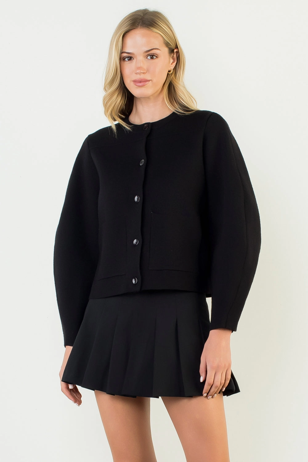 Long Sleeve Cropped Cardigan in Black Non Chafing Side Seams DoubleLayered Neckline