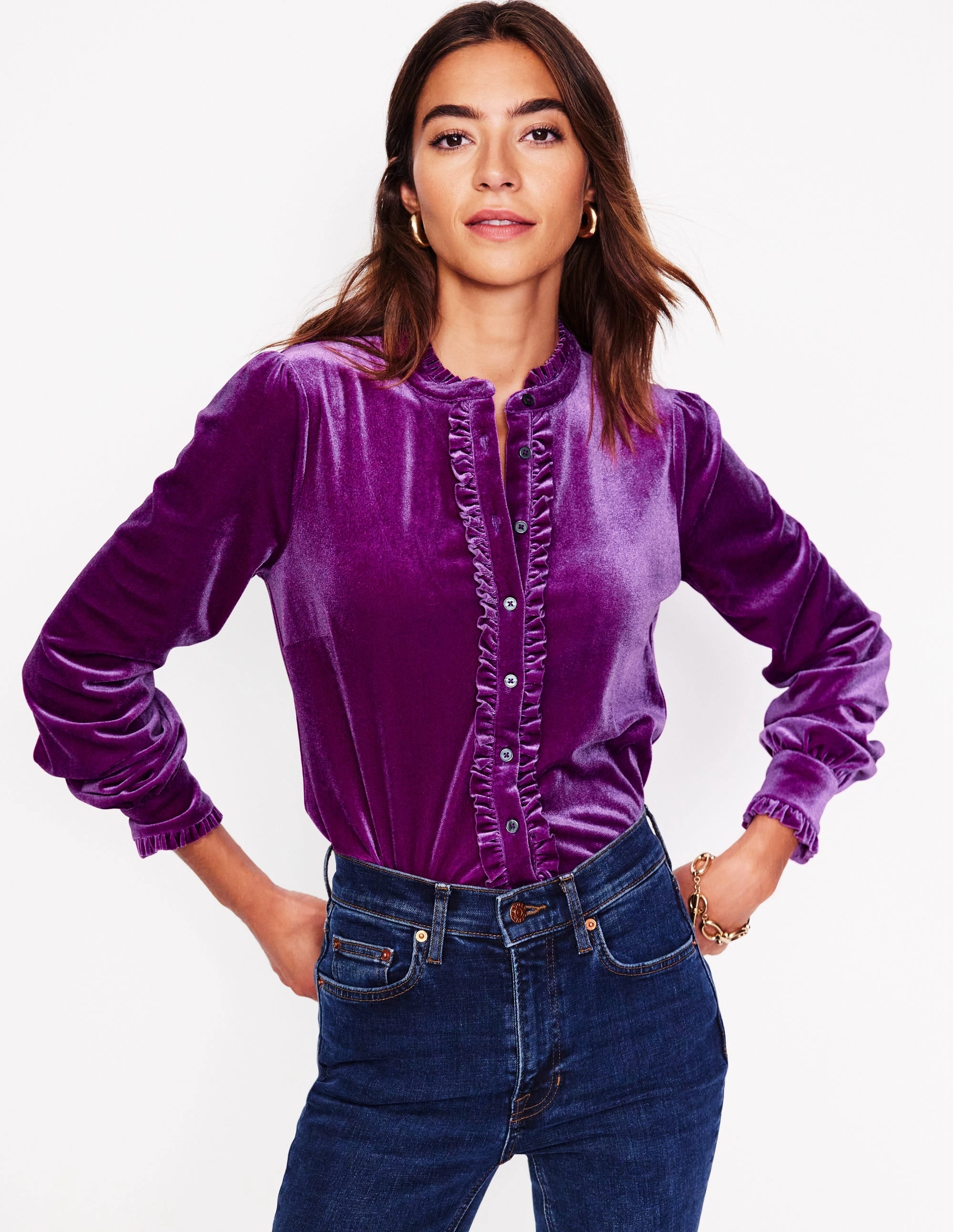 Ribbed Trim Details NonScratchSurface Caroline Jersey Velvet Shirt-Regal Purple