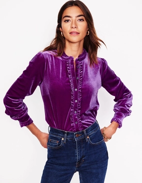 Ribbed Trim Details NonScratchSurface Caroline Jersey Velvet Shirt-Regal Purple