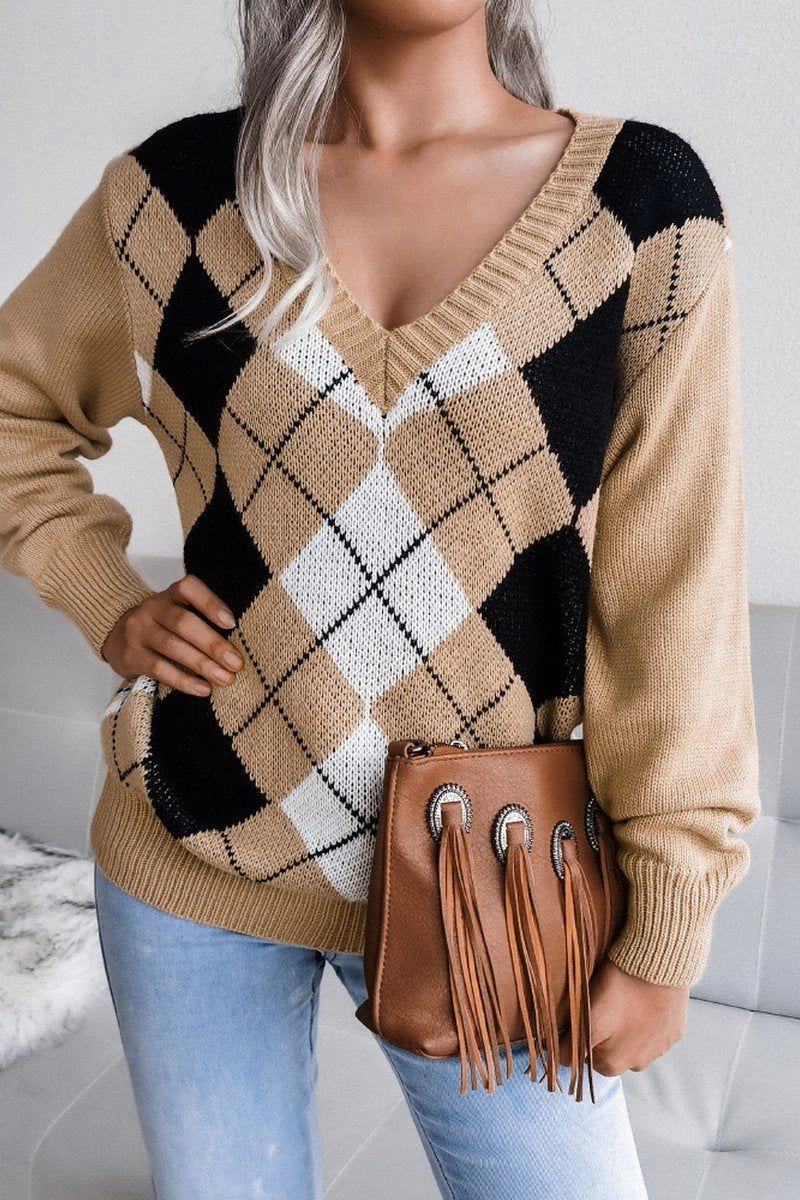 PLAID PATTERN RIBBED V NECK LOOSE FIT SWEATER BreathableFabric