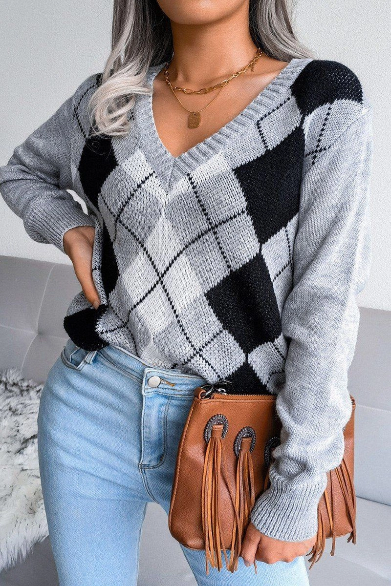 PLAID PATTERN RIBBED V NECK LOOSE FIT SWEATER Trendy Shirt Multi Directional Mobility