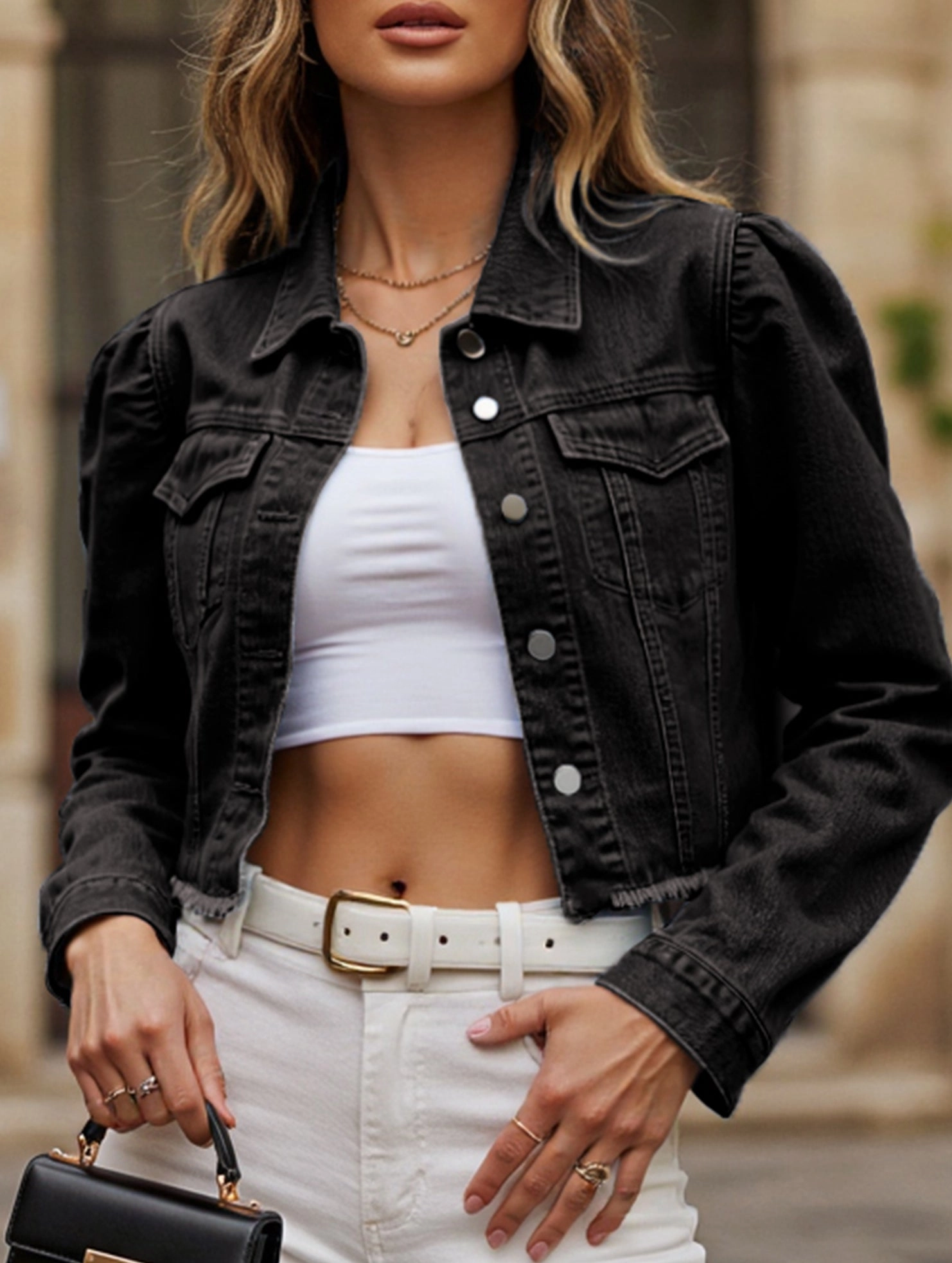 Washed casual raw-edge cropped denim jacket Tagless Labeling YarnDyedFabric