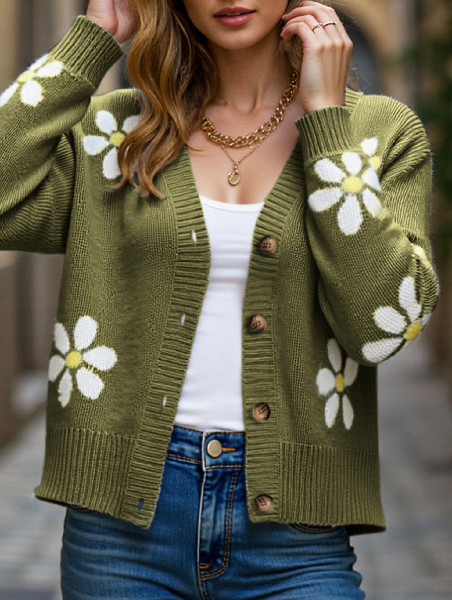 Fall Floral Button Varsity Sweater Jacket Basic Tee