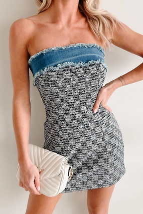 Easy Pick Letting Go Of Fear Denim Tweed Mini Dress (Black/Denim)