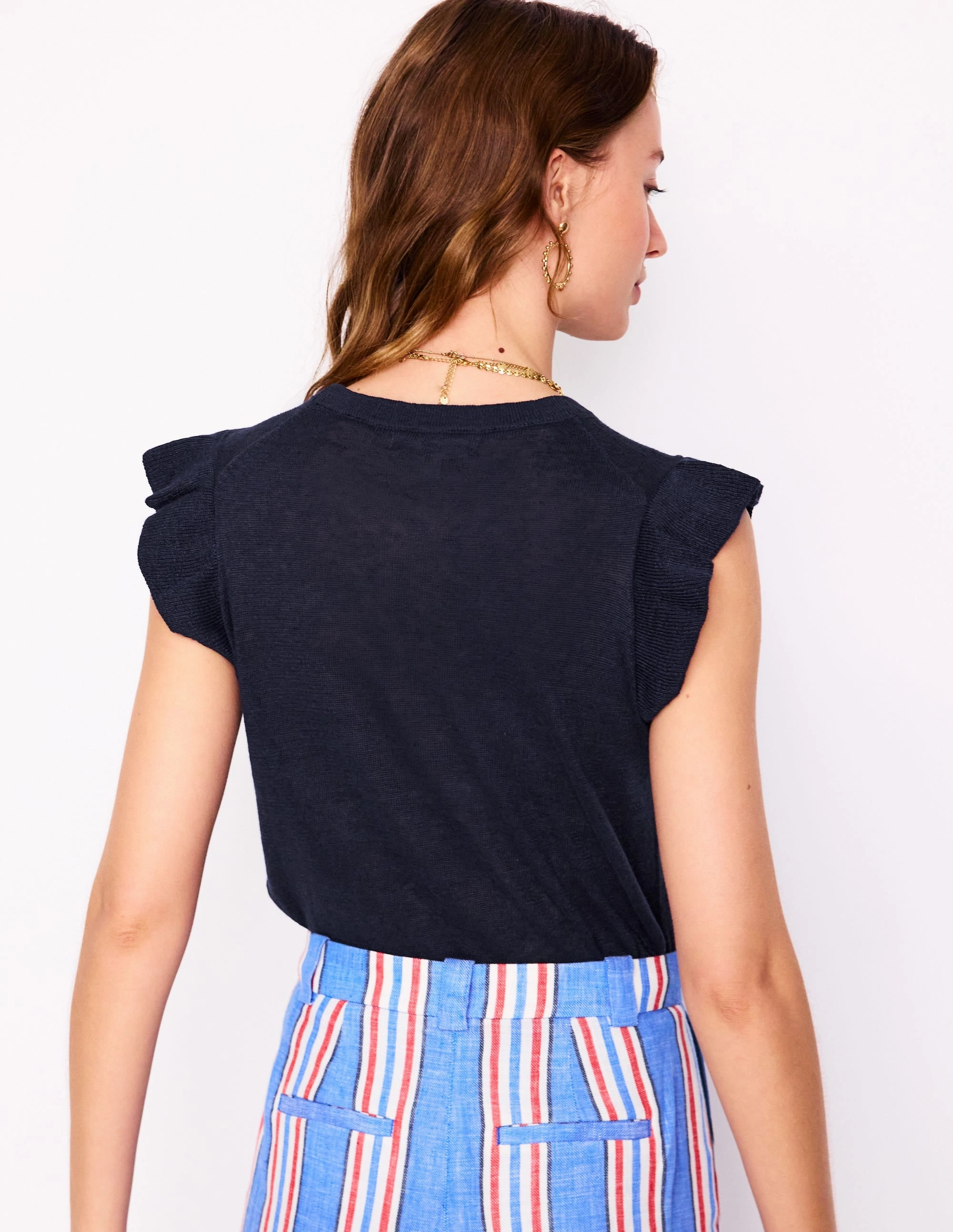 Josie Frilled Linen Tank-Navy Loopwheel Construction