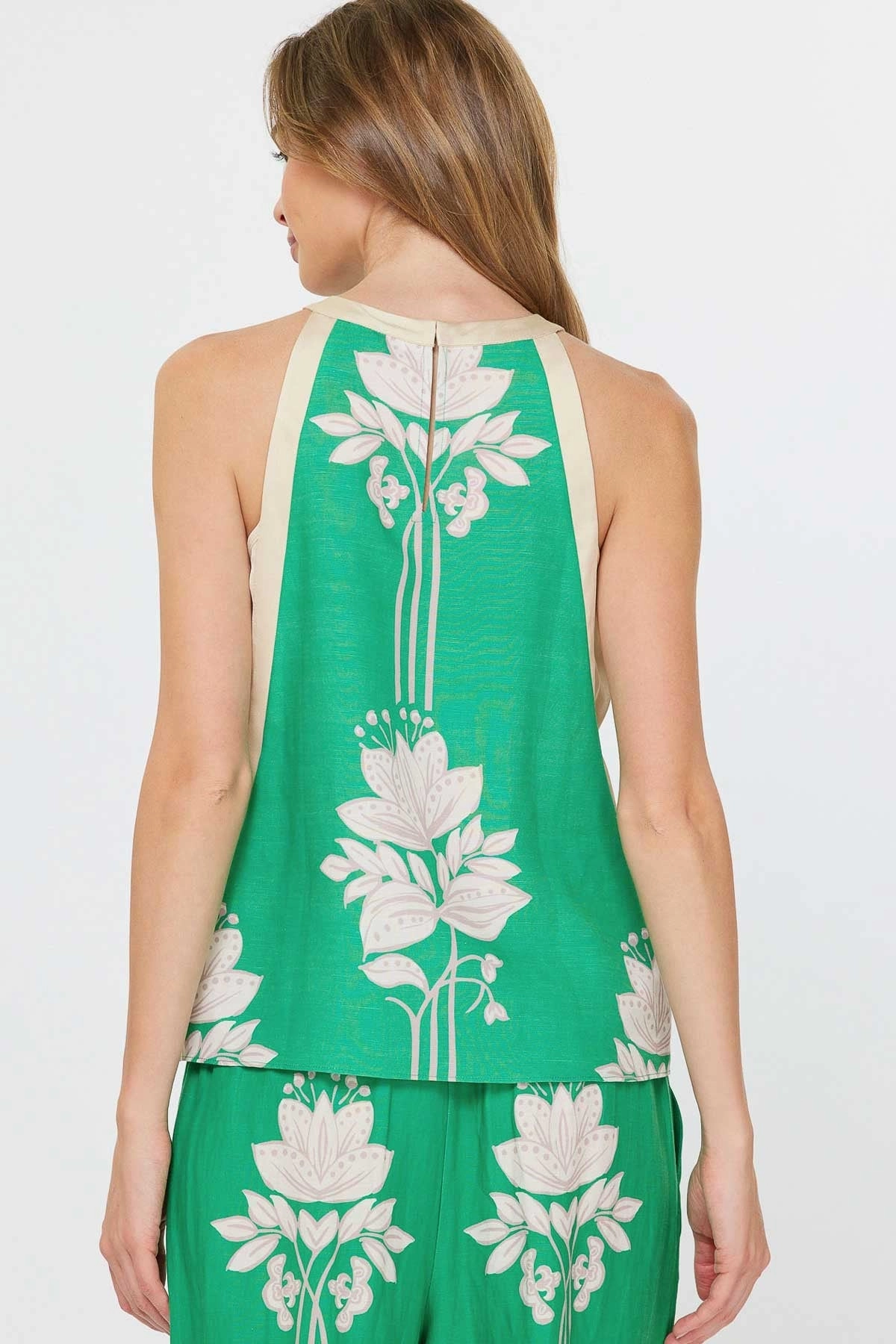 Sleeveless Green Floral Top Reinforced Hem HoodedVersion