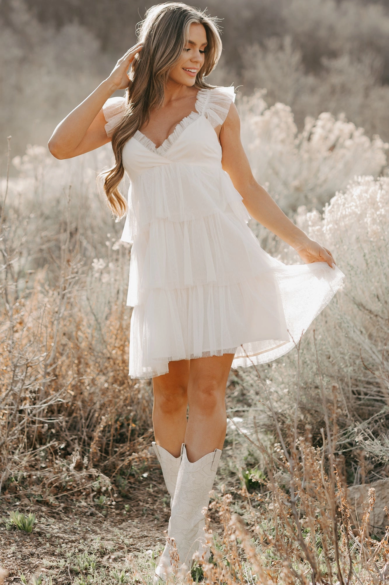 Dancing Flowers Tiered Mesh Mini Dress (Ivory) Casual Pick Flattering Design Wear