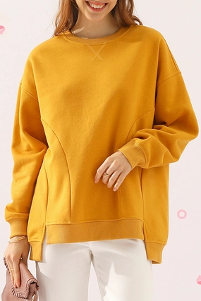 Breathable mesh panel LONG SLEEVE ROUND NECK CUT HEM SWEATSHIRT