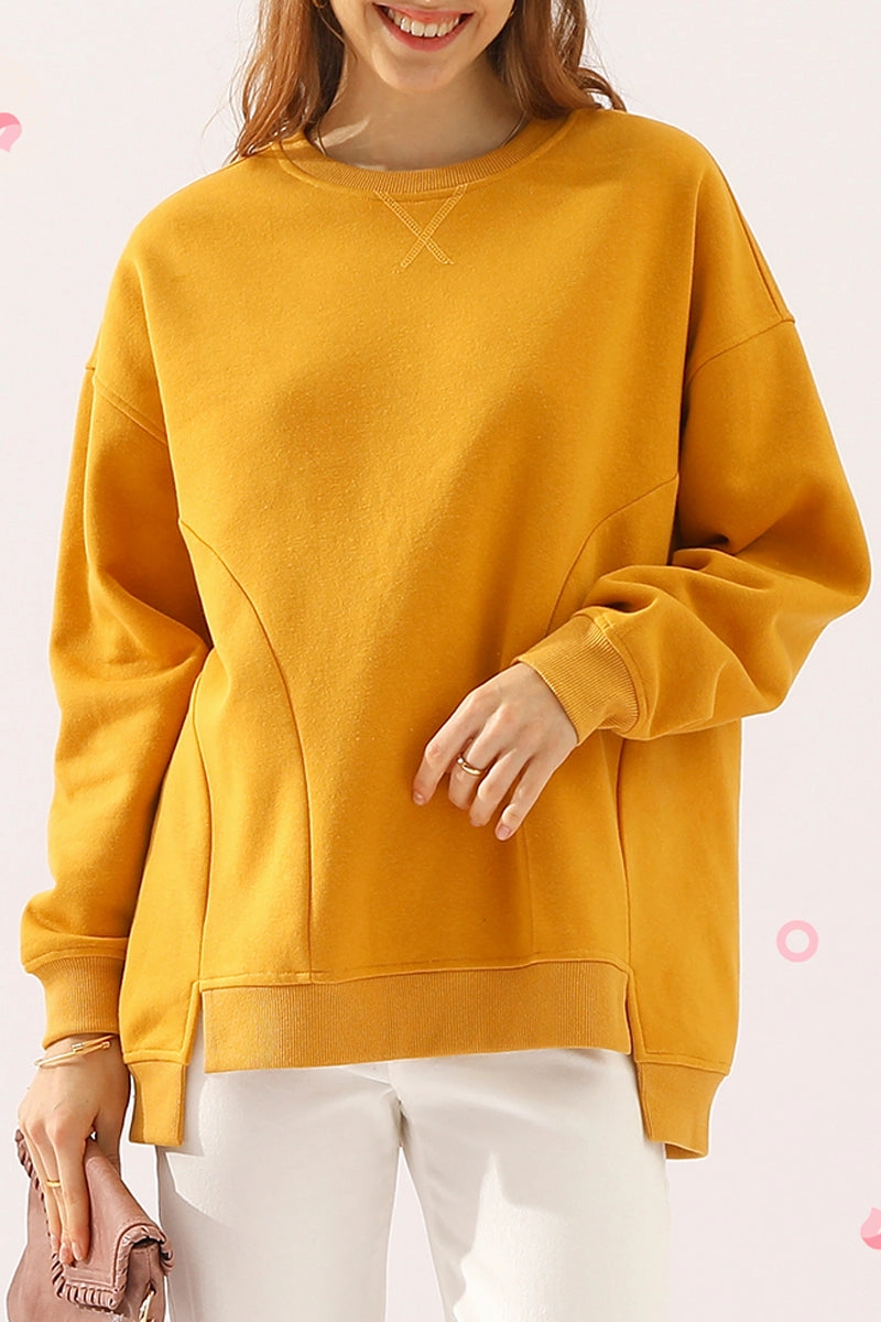 Breathable mesh panel LONG SLEEVE ROUND NECK CUT HEM SWEATSHIRT