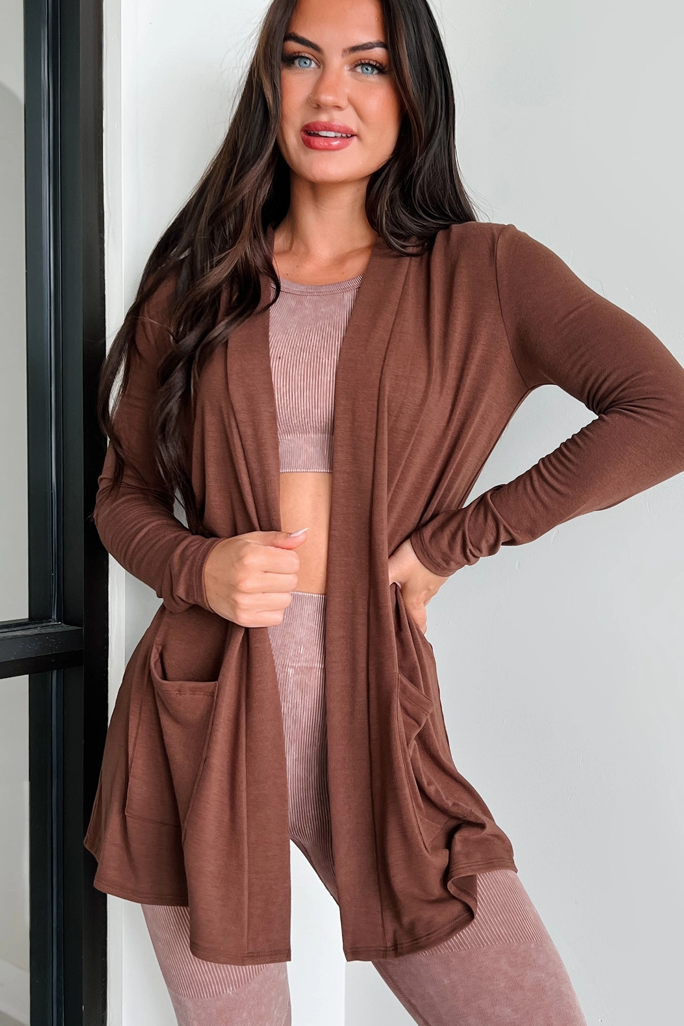 Keeping You Around Lightweight Zenana Cardigan (Brown) Flatlock Seam EcoFriendly Dye Process