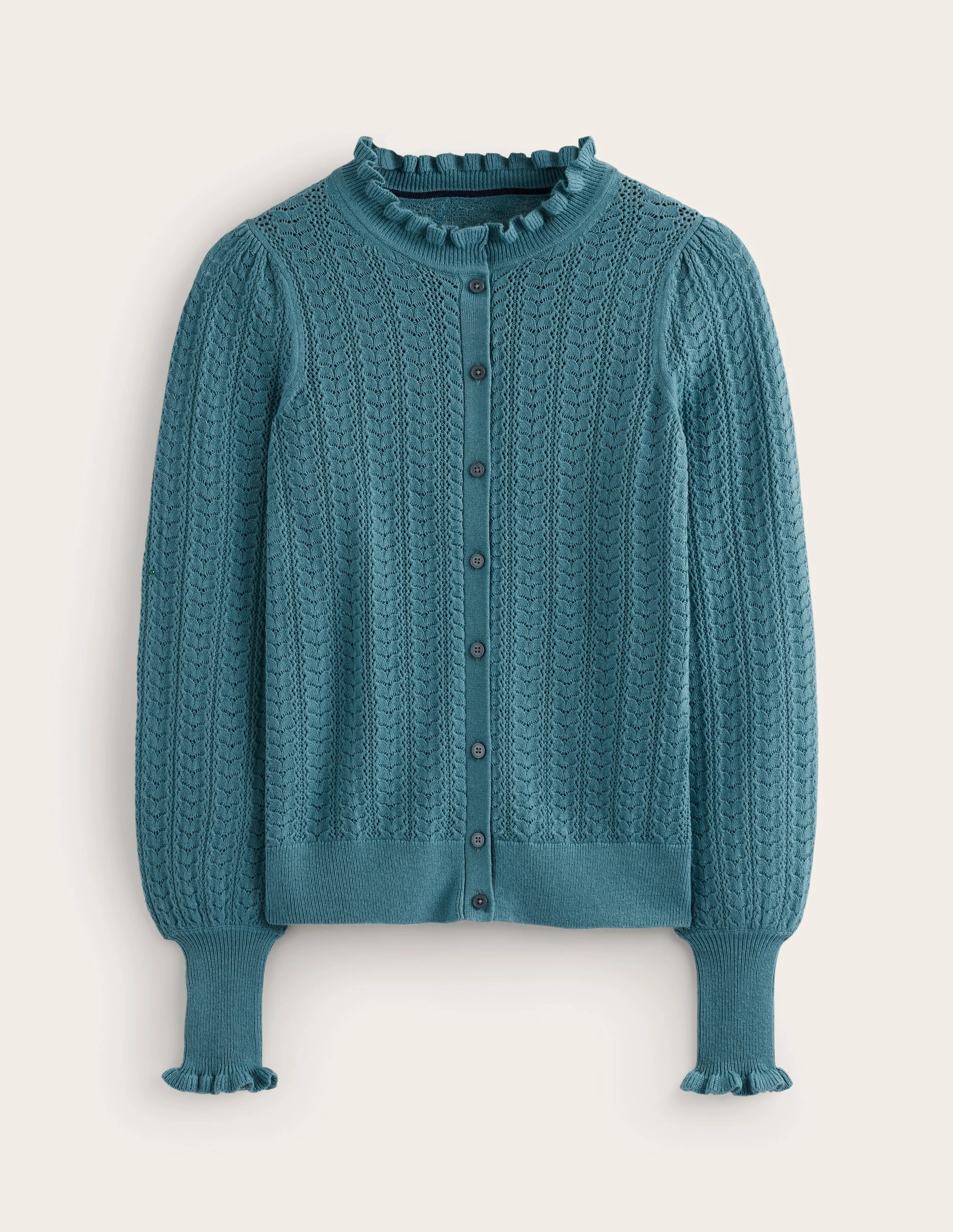 Day To Day Fall Walk Tia Pointelle Frilled Cardigan-Blue Grass