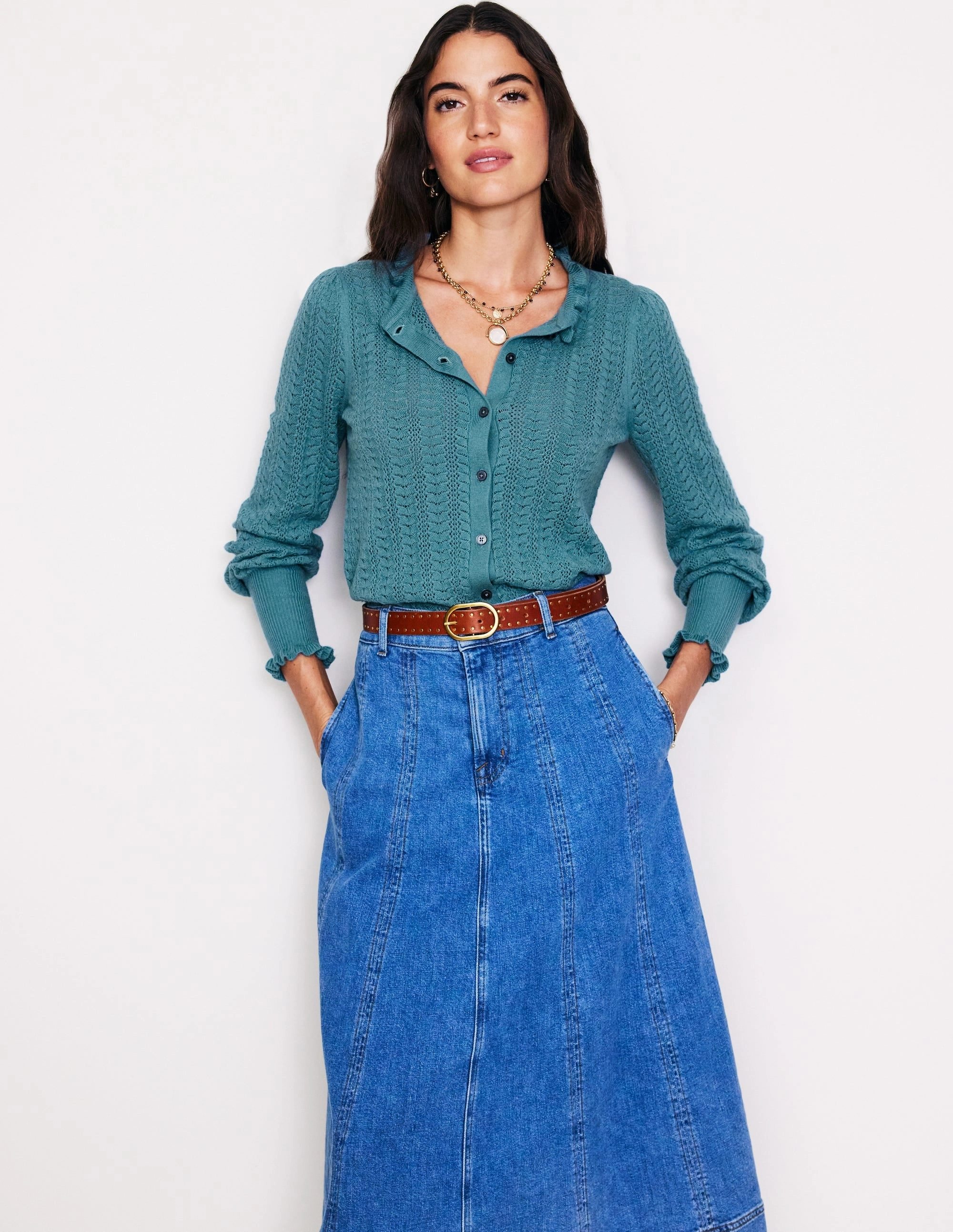 Calm Tones Travel Warmth Tia Pointelle Frilled Cardigan-Blue Grass