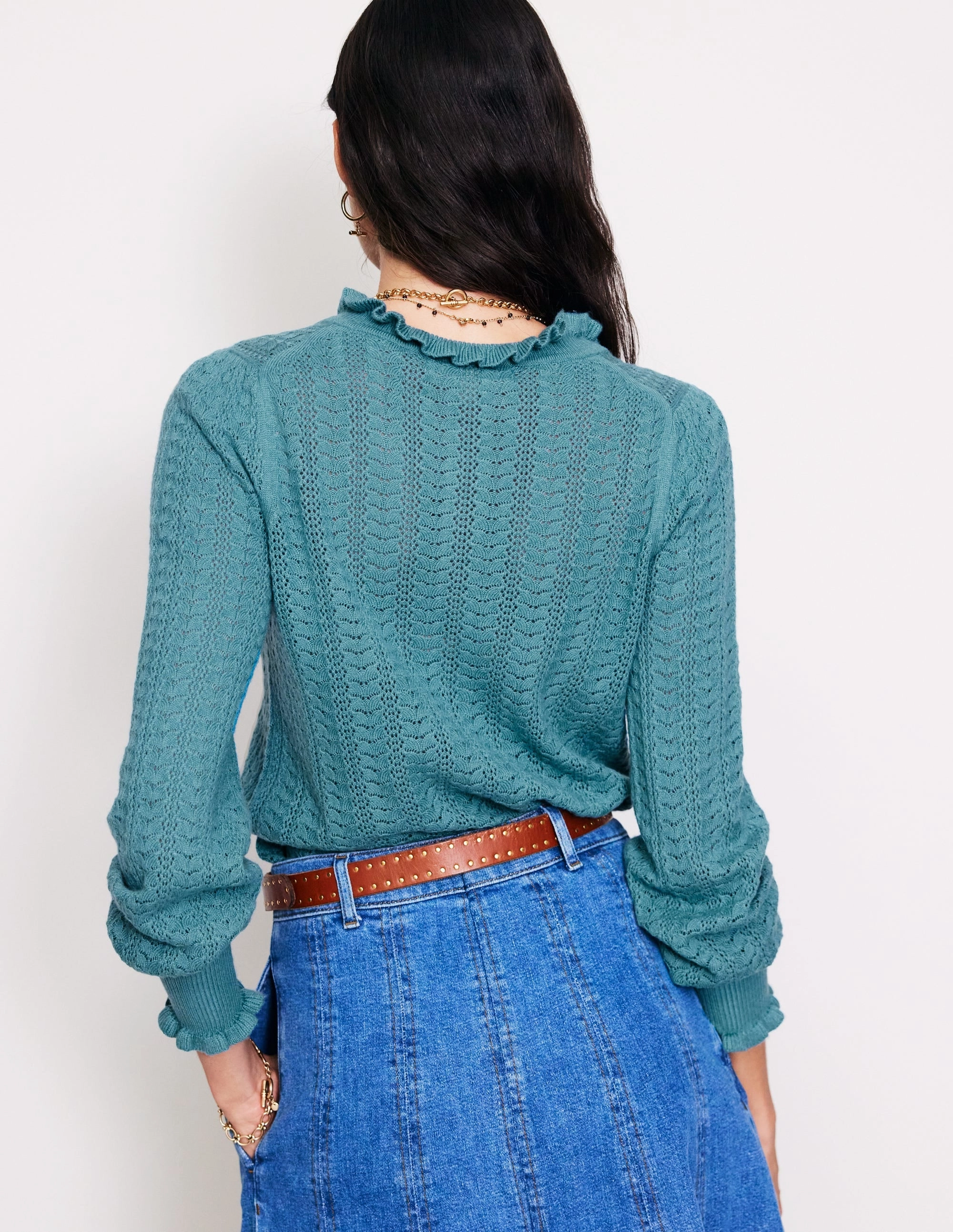 Sustainable Manufacturing Tia Pointelle Frilled Cardigan-Blue Grass