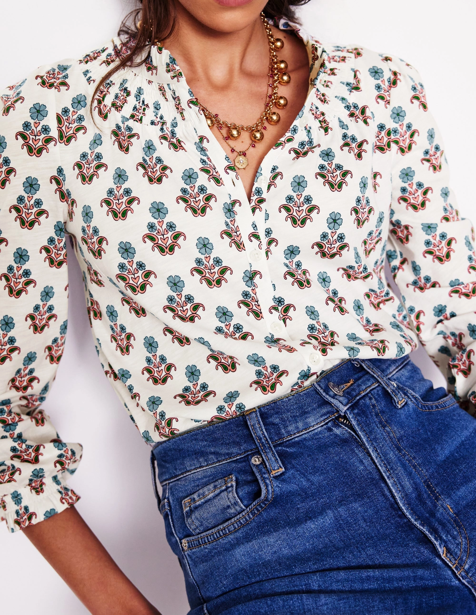 Fay Smocked Jersey Shirt-Ivory Pansy Stamp Cozy Blouse