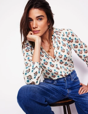 Tunic top Fay Smocked Jersey Shirt-Ivory Pansy Stamp