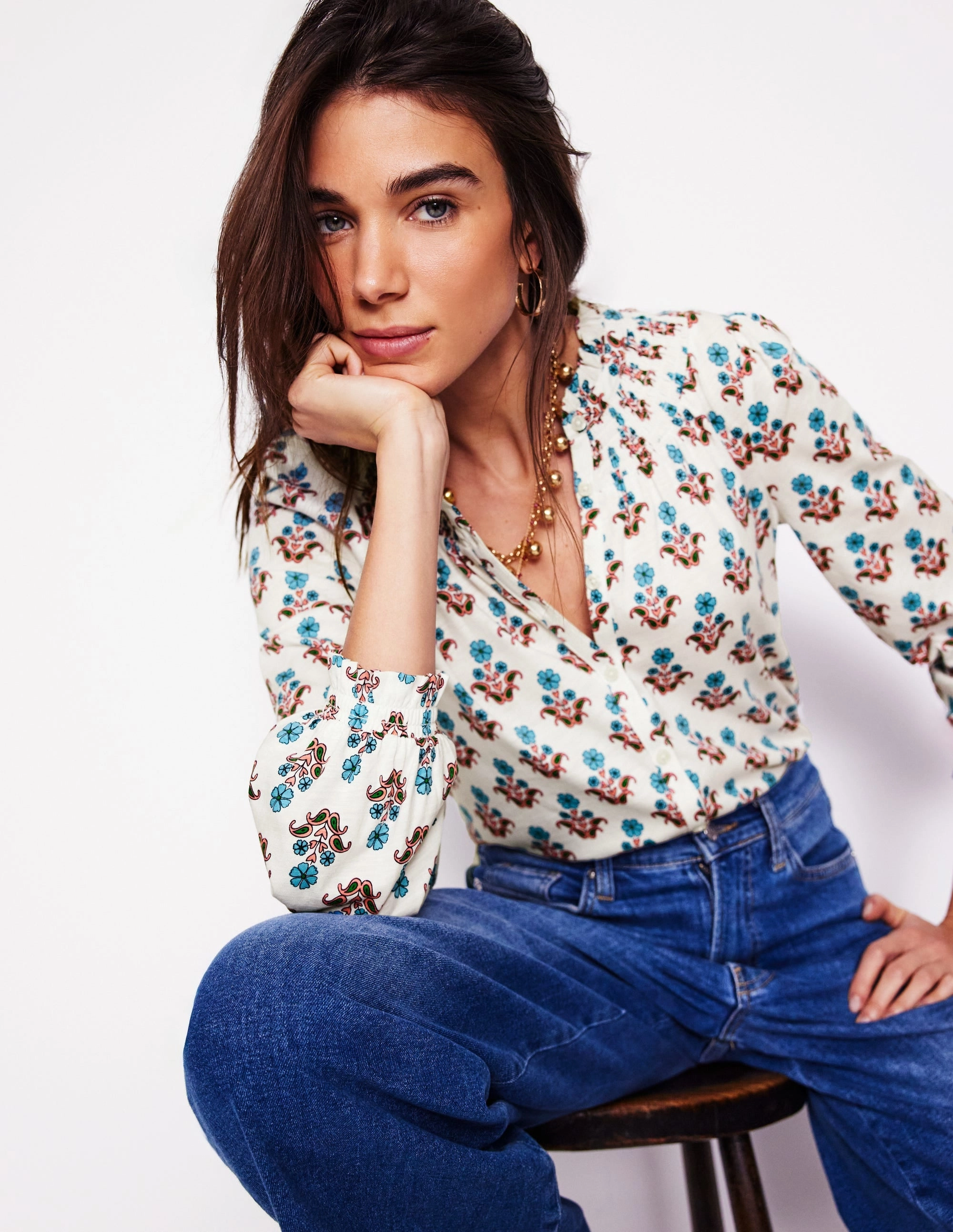 Tunic top Fay Smocked Jersey Shirt-Ivory Pansy Stamp