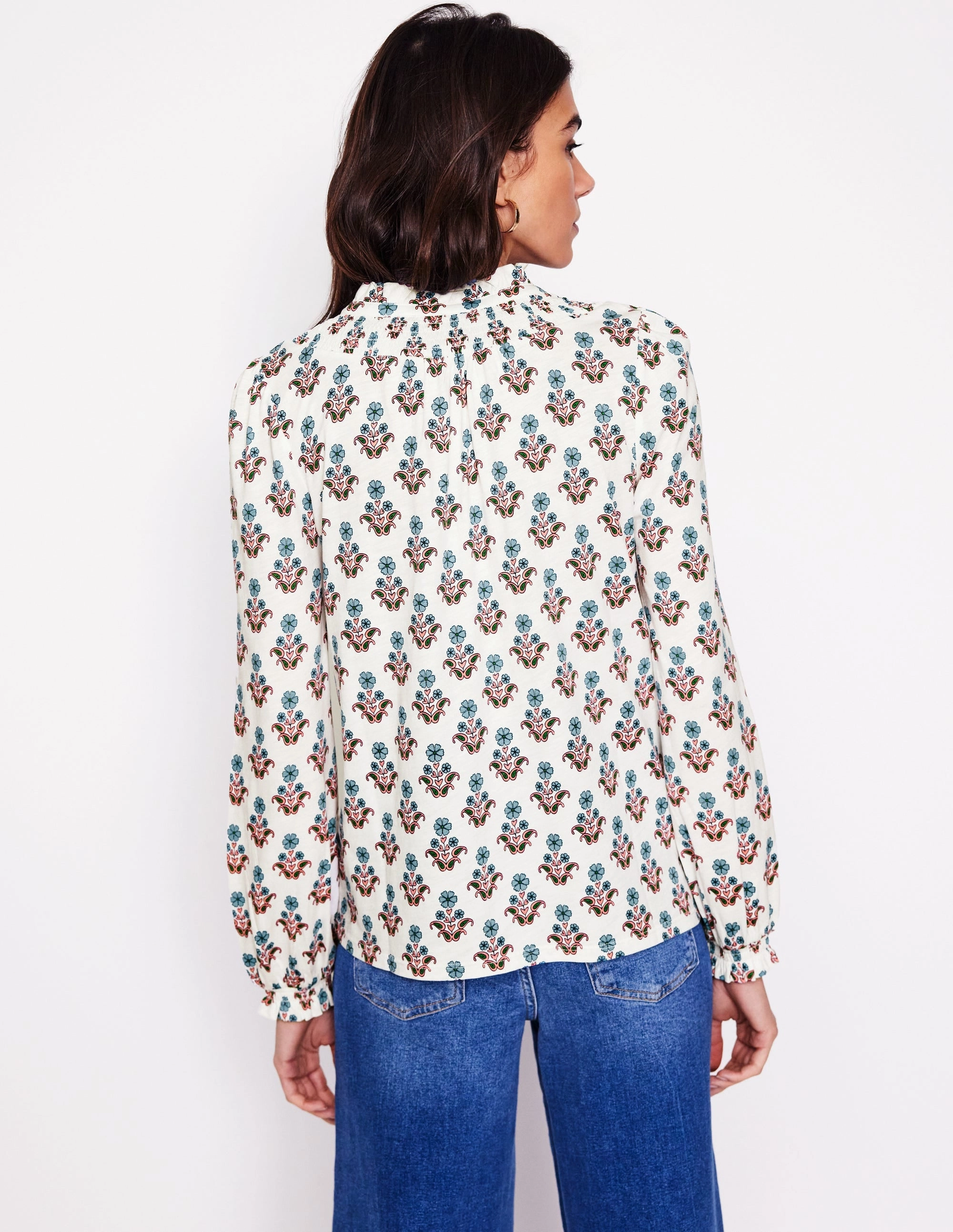 MinimalistStyle Fay Smocked Jersey Shirt-Ivory Pansy Stamp