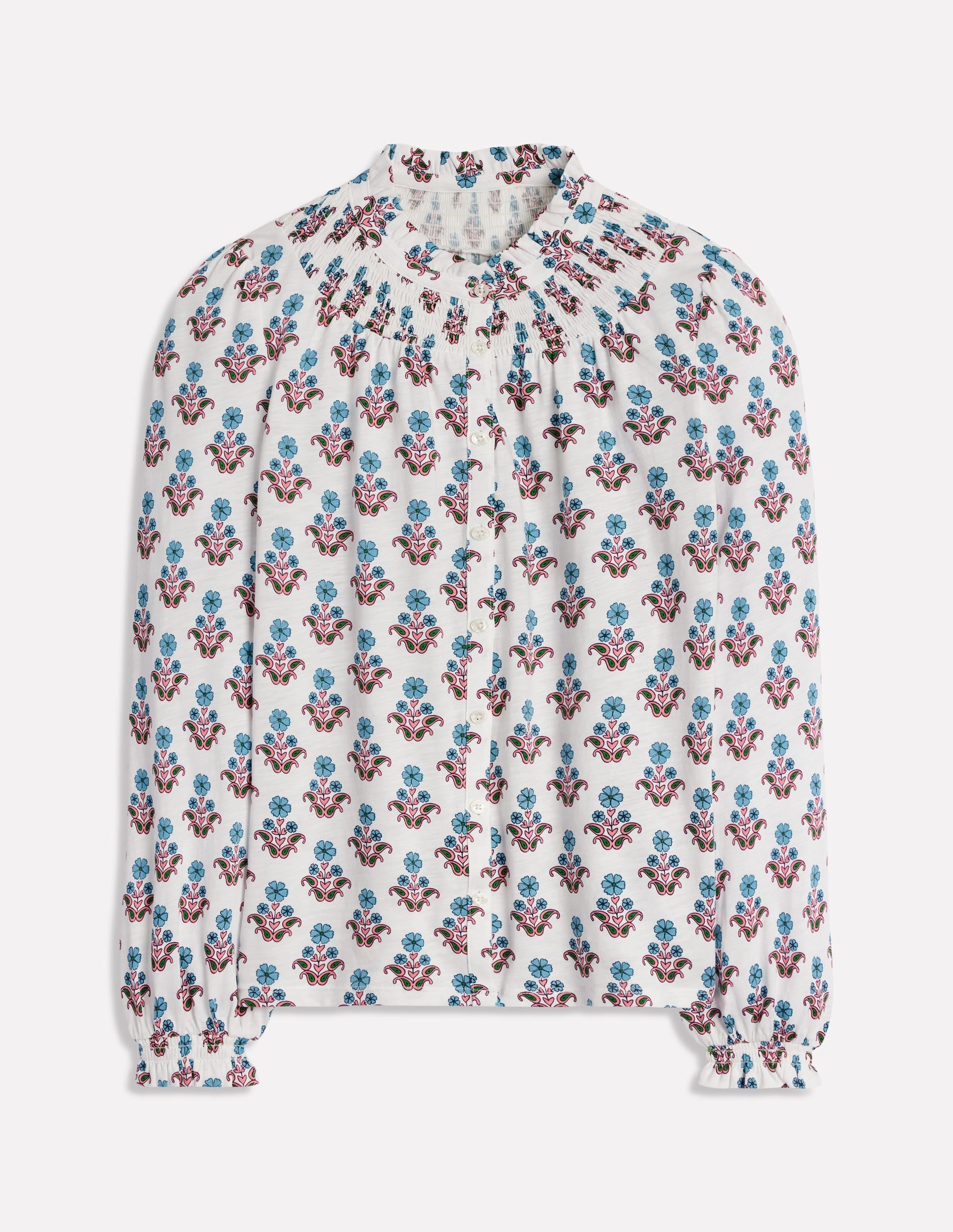 WrinkleFree Structure ButtonFront Fay Smocked Jersey Shirt-Ivory Pansy Stamp