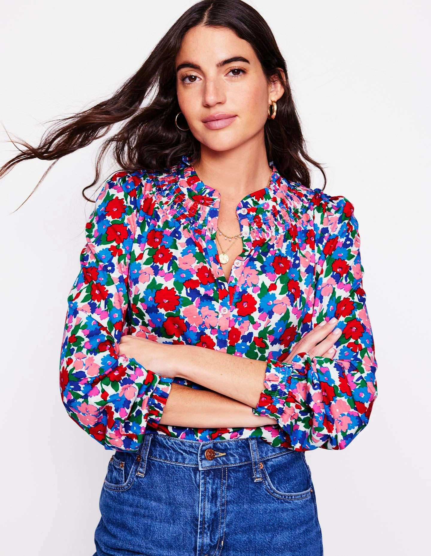 FadeResistant Finish Sun Protective Fabric Fay Smocked Jersey Shirt-Multi, Painterly Meadow