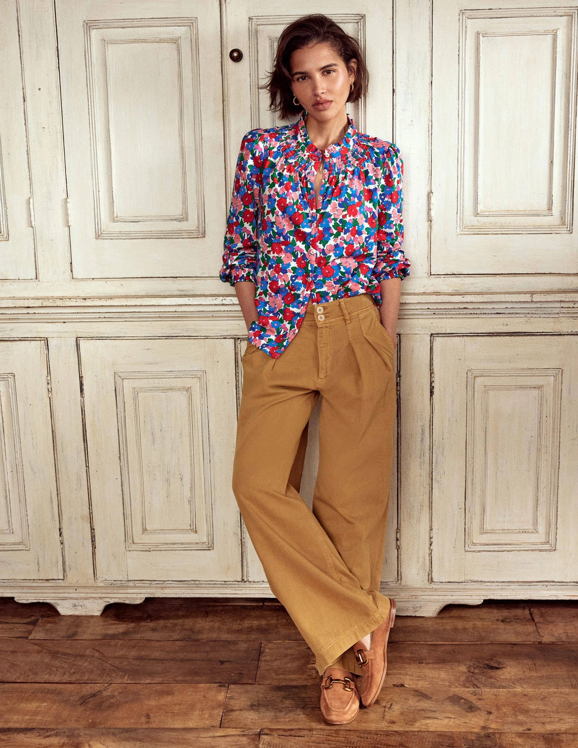 All Weather Performance Fabric Fay Smocked Jersey Shirt-Multi, Painterly Meadow