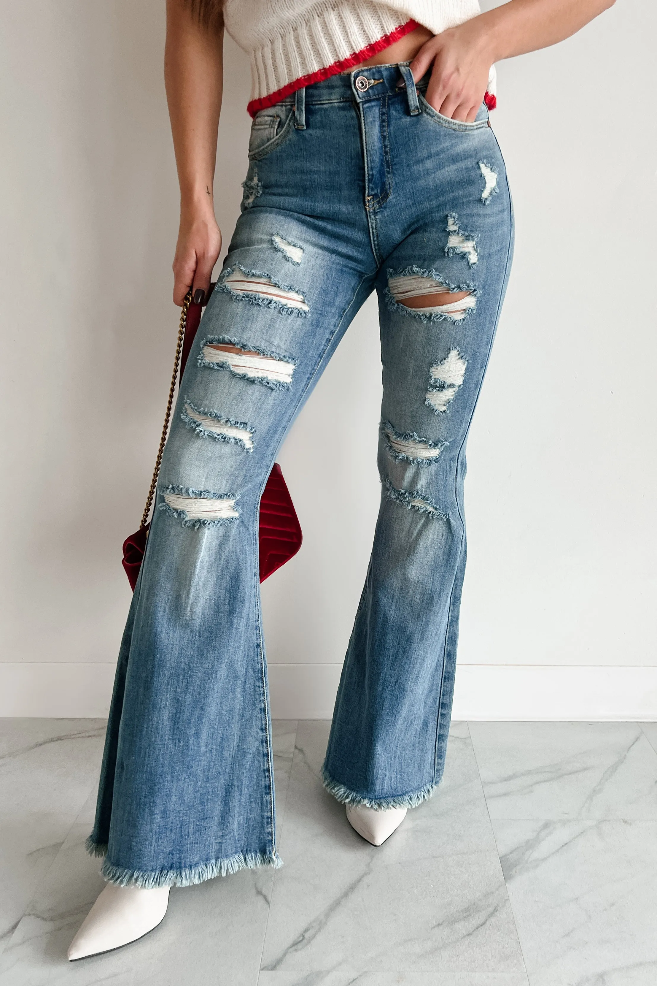 Zora Special A High Rise Distressed Tummy Control Flare Jeans (Medium) Weekend Warrior Elegant