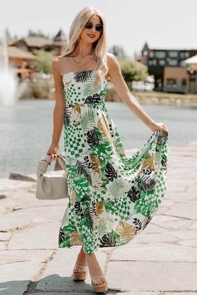 Feel It First Strapless Leaf Print Maxi Dress (Ivory/Green) Chic and Cozy Exclusive-Design
