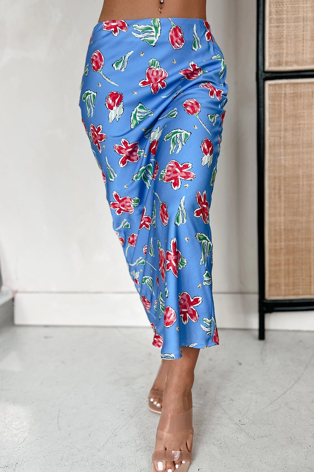 Feeling Flowerful Satin Floral Midi Skirt (Blue) Full Coverage