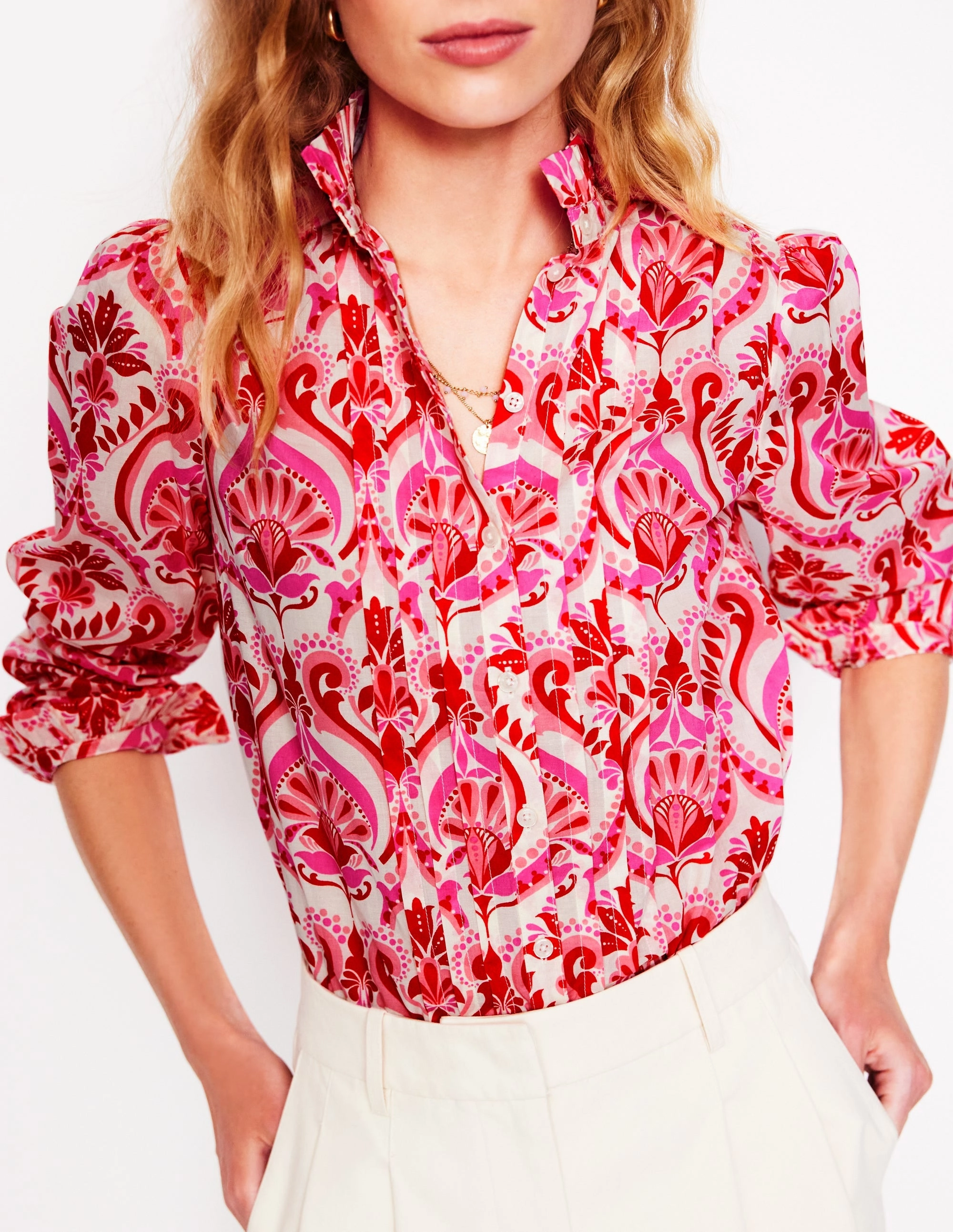 Ethical production Flexible Design Felicity Cotton Blouse-Poppy Red, Ornamental Floral