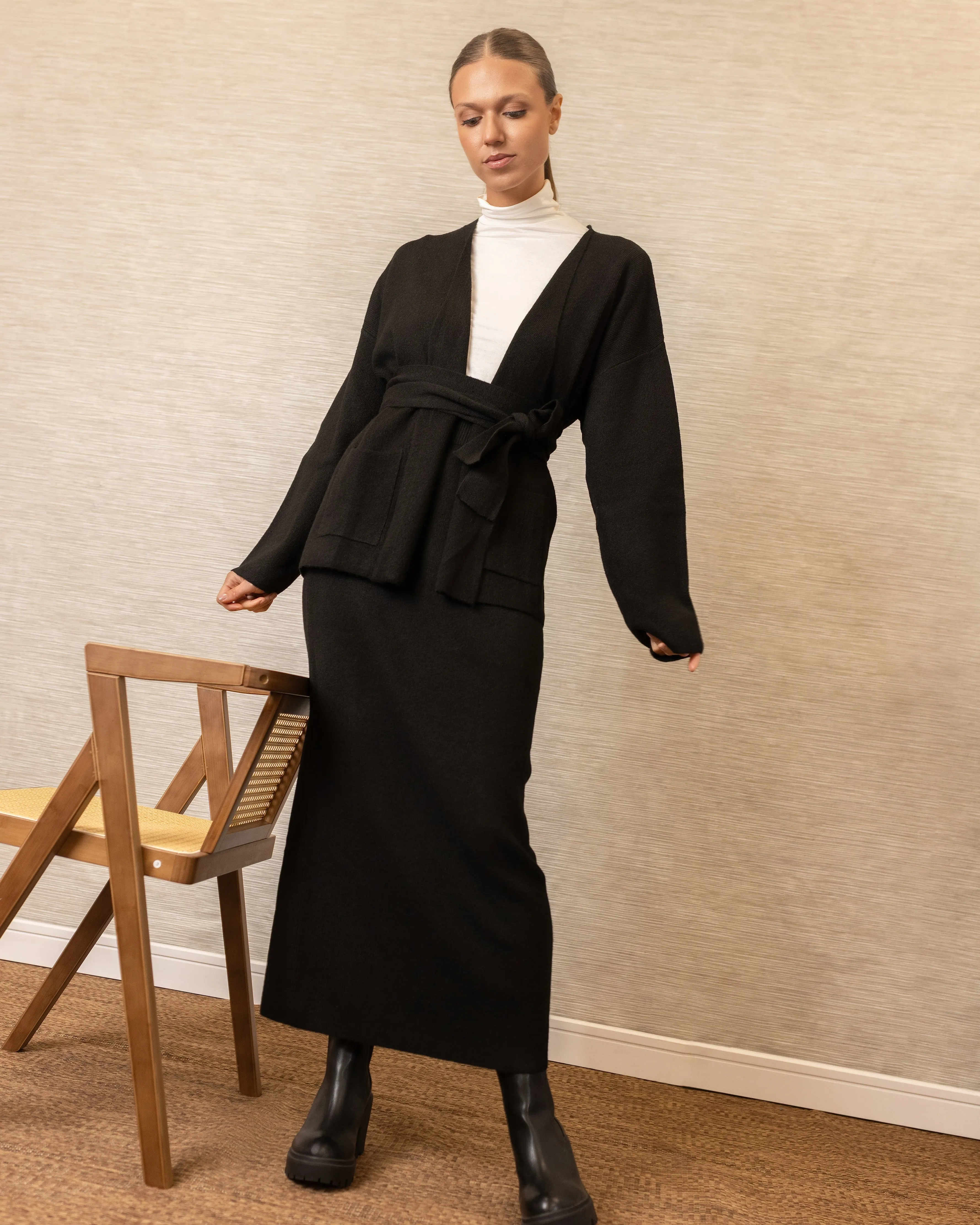 Belted Knit set | Black Long Lines